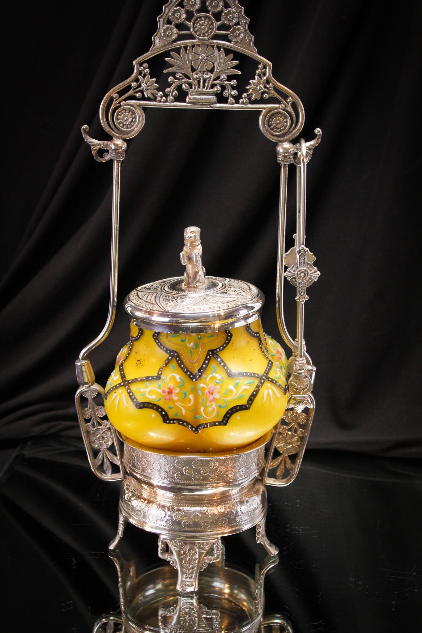 Pairpoint Victorian Silverplate Rare Enameled Satin Glass Figural Pickle Castor: Amazing Victorian pickle castor. Piece has a gorgeous yellow satin hand enameled petit point decoration jar. Jar comes complete with figural pooch seated on the lid. Bring this puppy home to your coll