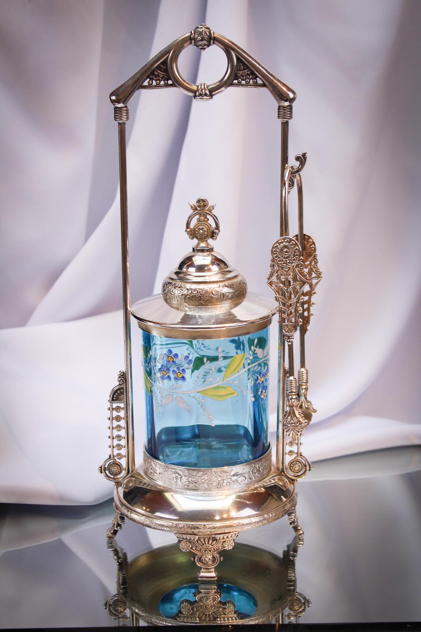 Meriden Silverplate Blue Victorian Enameled Pickle Castor: Amazing 13 1/4" tall Victorian electric blue enameled signed Meriden silverplate pickle castor. Scrumptious piece. Bid now for the win!