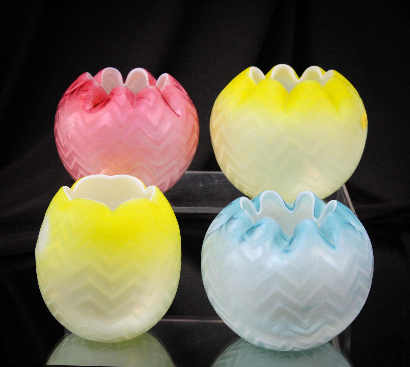 4 pc Lot "You guessed it" Rose Bowls: Select offering of mother of pearl rose bowls. Tallest measures 3 3/4".