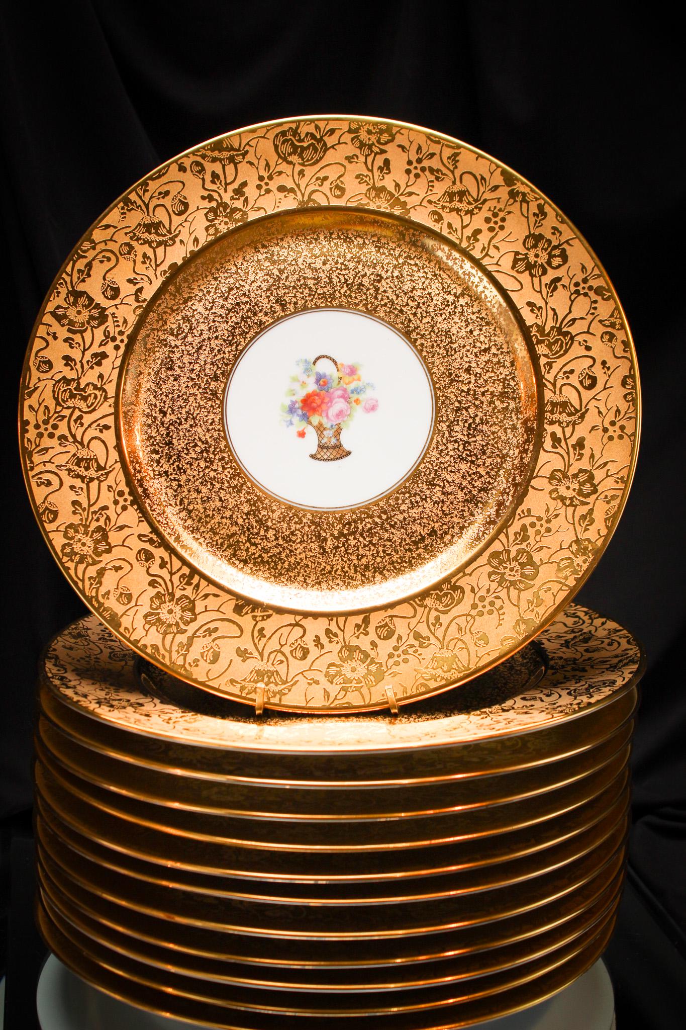 12 pc Set Heirich & Co, Stouffer Studio Floral Gilt Bavarian Porcelain 11" Plates: We had these all set out on the lunch table in the break room here at Magnum Auctions when Mother Magnum herself strolled past with her walker. She screamed, "Kittens! What on earth are you idiots doi