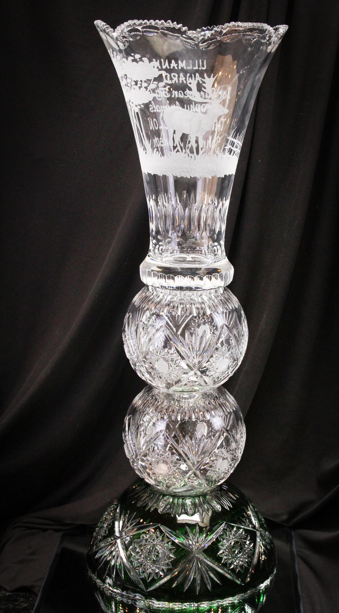 Monumental 27" Bohemian Green Cut to Clear Glass 2012 Big Game Trophy Award: Folks, this piece is just over-the-top huge and quite an eye-catcher. Trophy measures a whopping 27" tall. Deep green cut to clear Bohemian made piece showcases expert cutting. Engraved "European Big 