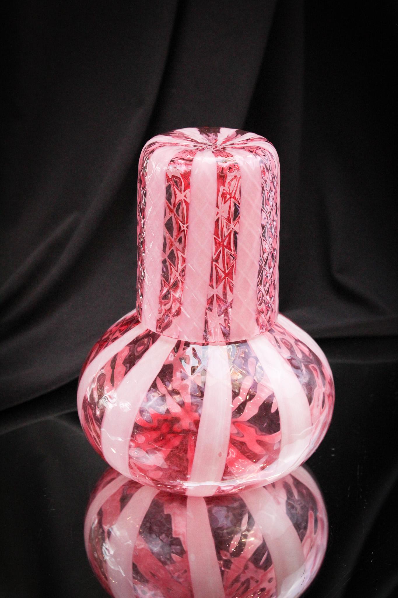 Rare Victorian Diamond Quilt Wide Stripe Tumbler Up: Seldom ever seen and boy is this a honey, if we do say so. Great color and optic effect and nice wide stripe like Mother Magnum likes them. It stands 7 1/4" tall.