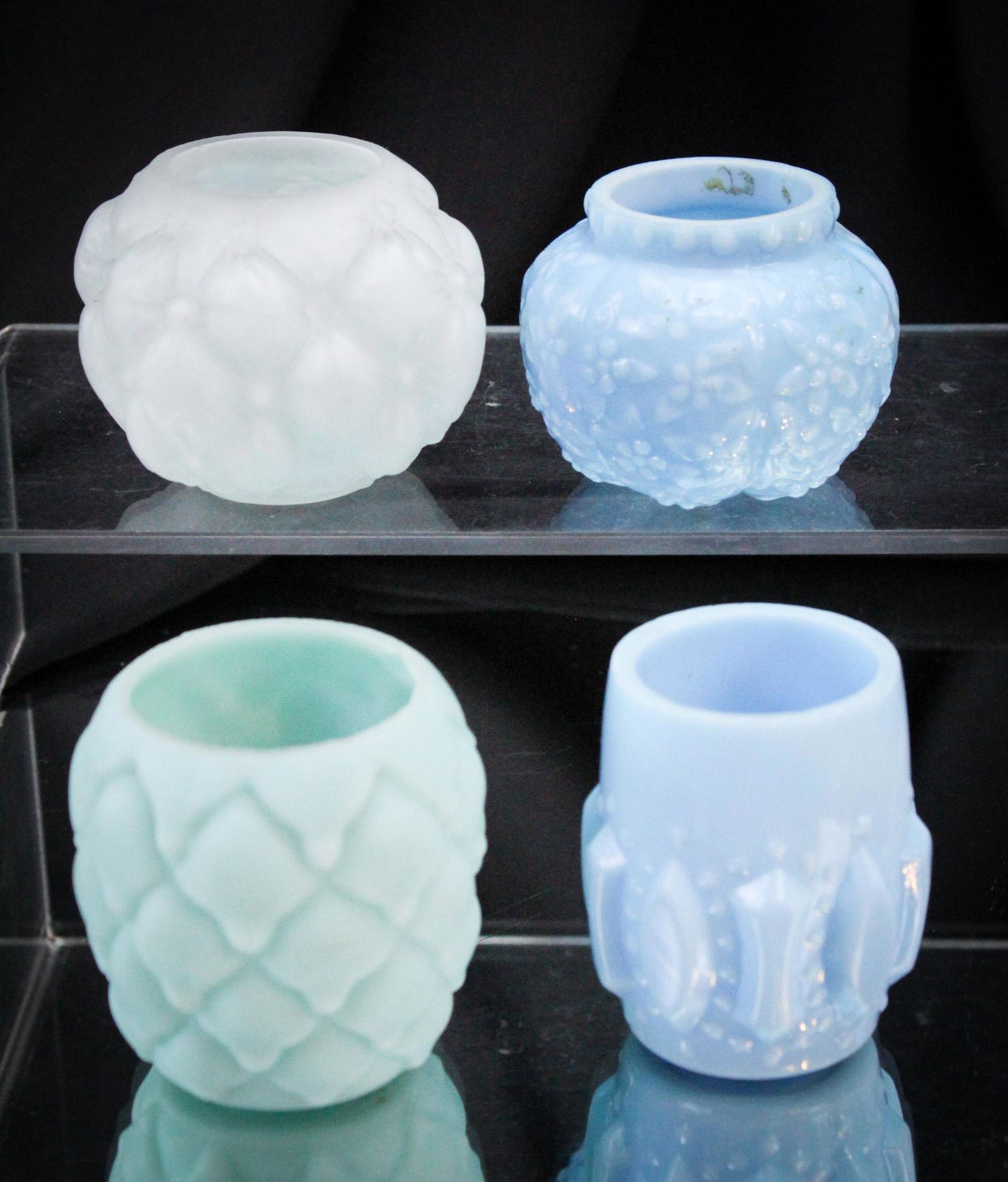 4 pc Lot Victorian Glass Toothpick Holders: What have we here? Four lovelies that deserve a special place in your collection. If not, sell them and move on. Victorian fanciful fineries at its best. Tallest measures 2 1/4" high.