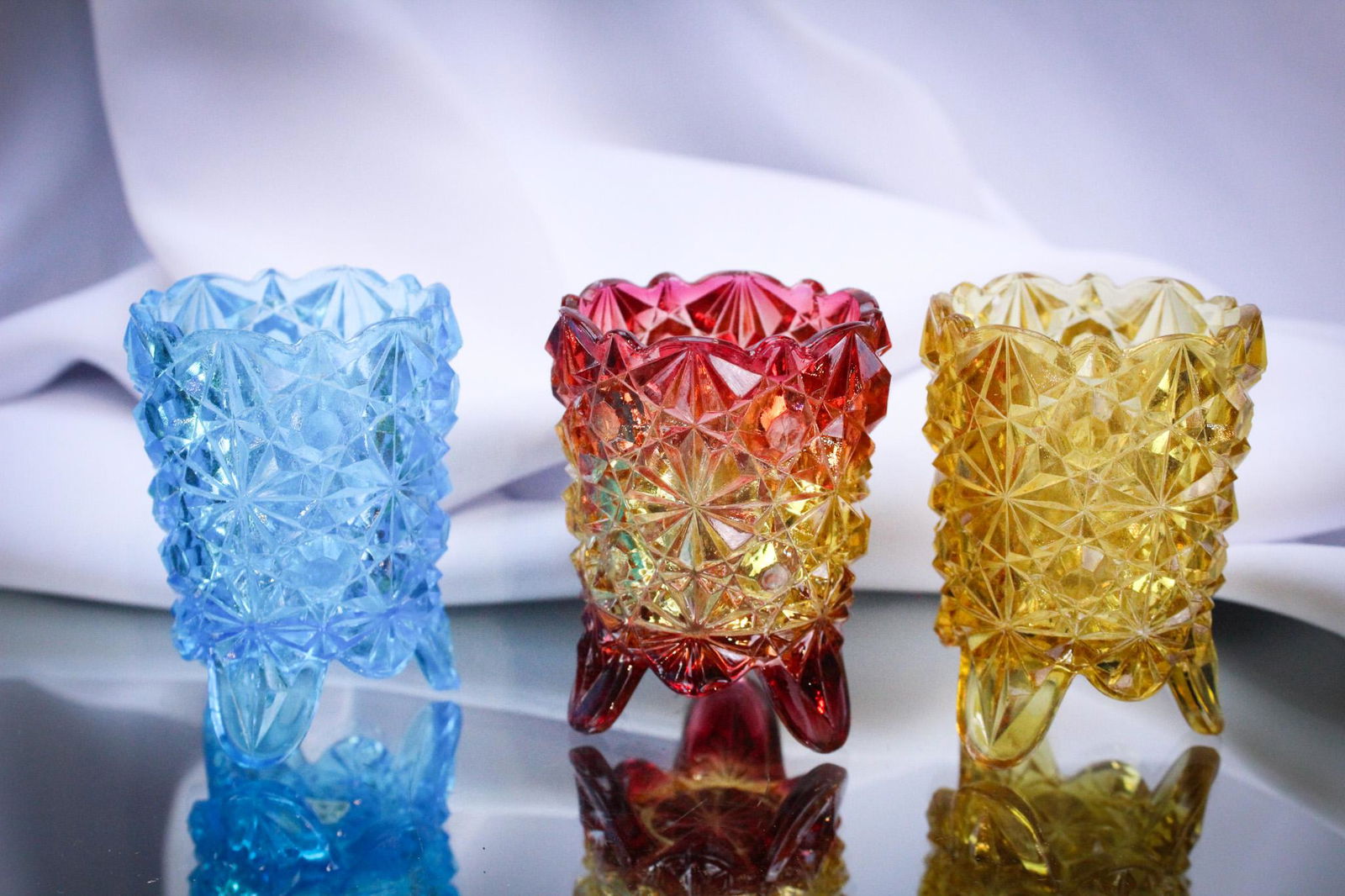 3 pc Lot Victorian Hobb's Toothpick Holders: Select offering of three nice Hobb's toothpick holders comprised of a blue, an amberina, and an amber. Each measures 2 3/4". So pretty.