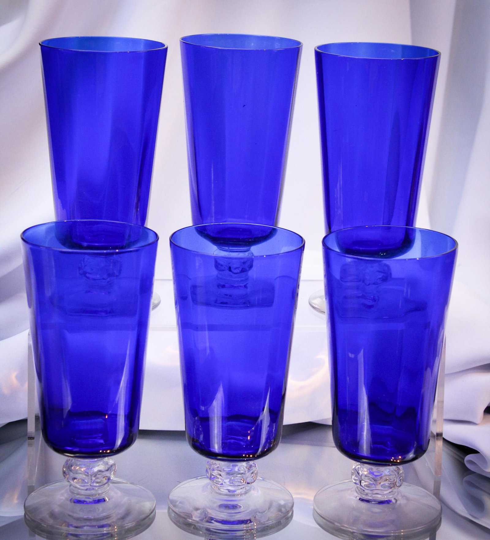 6 pc Lot Heisey Glass Spanish Cobalt Ice Tea Tumblers: Fine offering of six Heisey glass Spanish Cobalt ice tea tumblers. Mother Magnum has a complete set of 24 of these. She loves to serve up Long Island Ice Tea to all the auction-goers in the summer. No