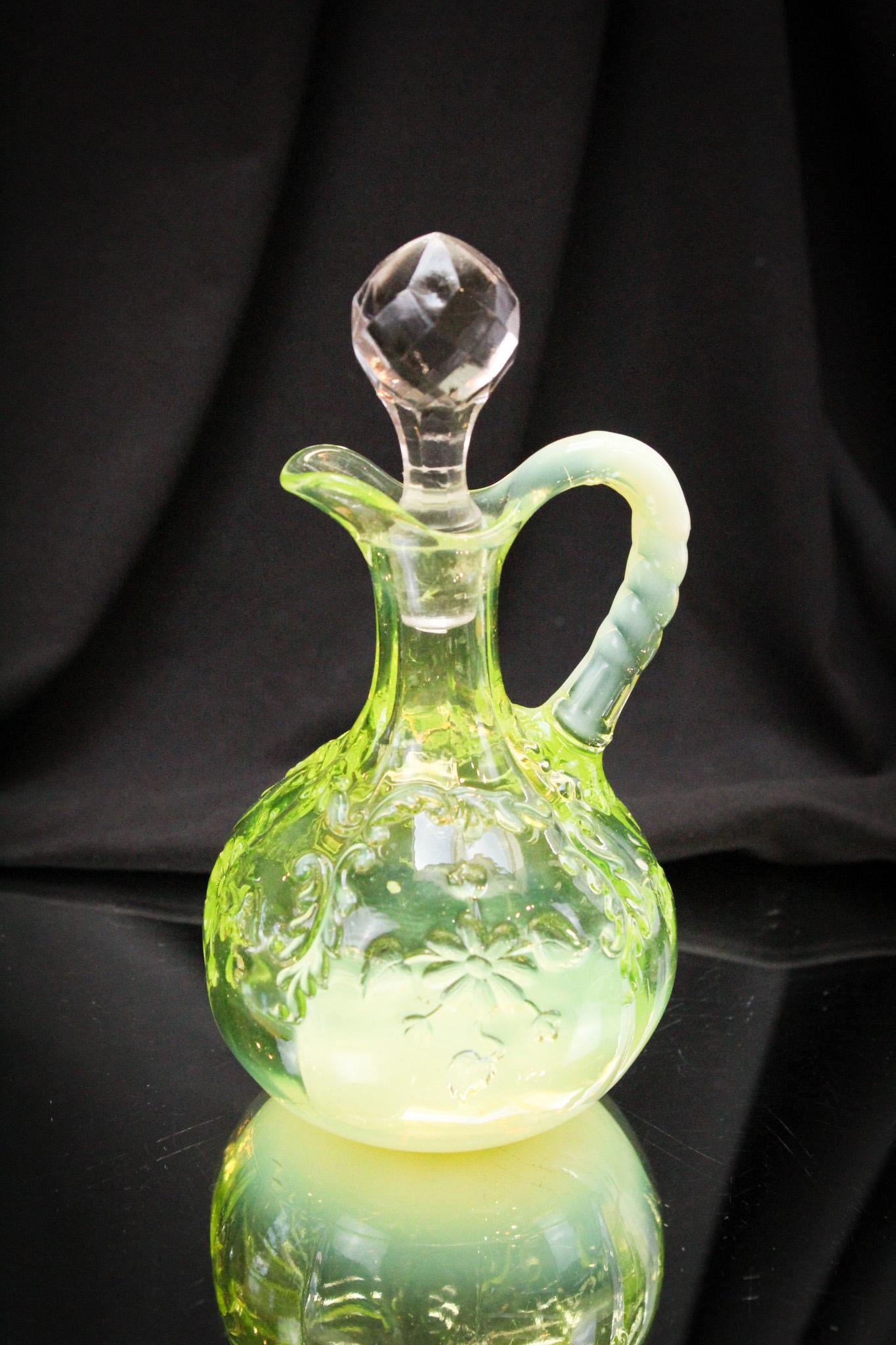 Rare Northwood Vaseline Opalescent Intaglio Victorian Cruet: For all you Vasies out there and Northwood collectors, here's a toughie! A vaseline opalescent Intaglio pattern Victorian cruet. Excellent clarity and boy, does she light up with a black light! Stands
