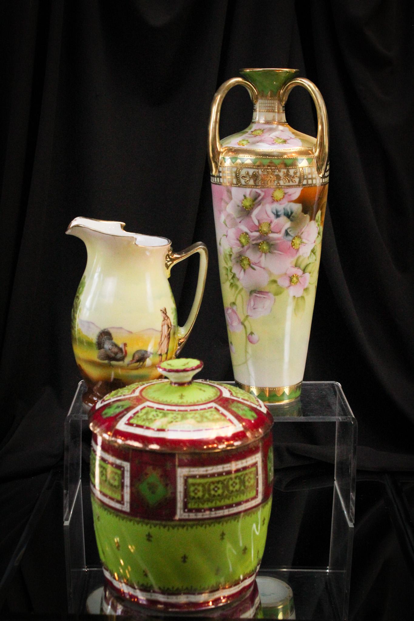 3 pc Lot Royal Bayreuth Nippon and More: Selections of porcelain decorative items by Royal Bayreuth, Nippon, and more. Largest measures 11 1/2" tall.