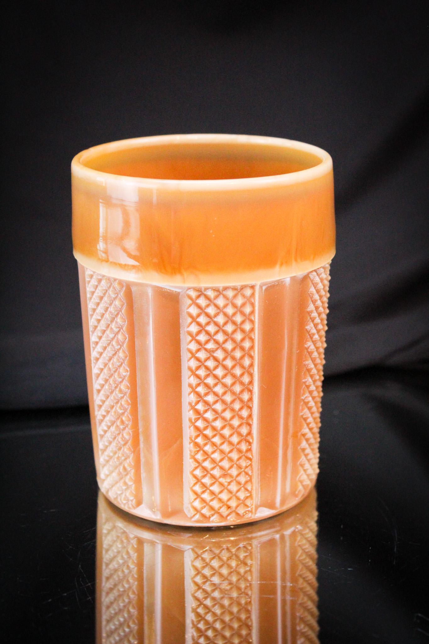 Greentown Chocolate Glass File Tumbler: Scarcely found Greentown File pattern tumbler in chocolate glass. A find among finds here, folks! It measures in at 3 7/8" tall.