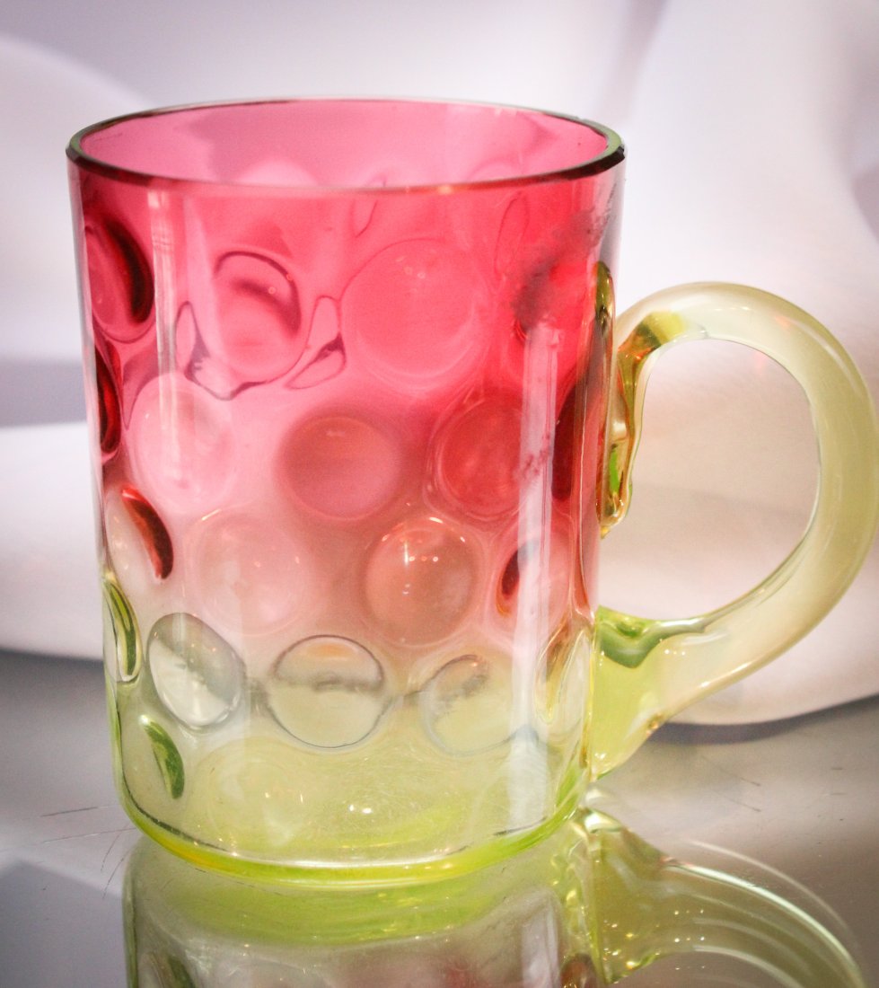 Hobb's Rare Rubina Verde Cranberry Vaseline Victorian Glass Mug: Great example of Hobb's rubina verde glass and such a tough piece to find is this little mug. Nice even coloring and great form. It measures 3" tall.