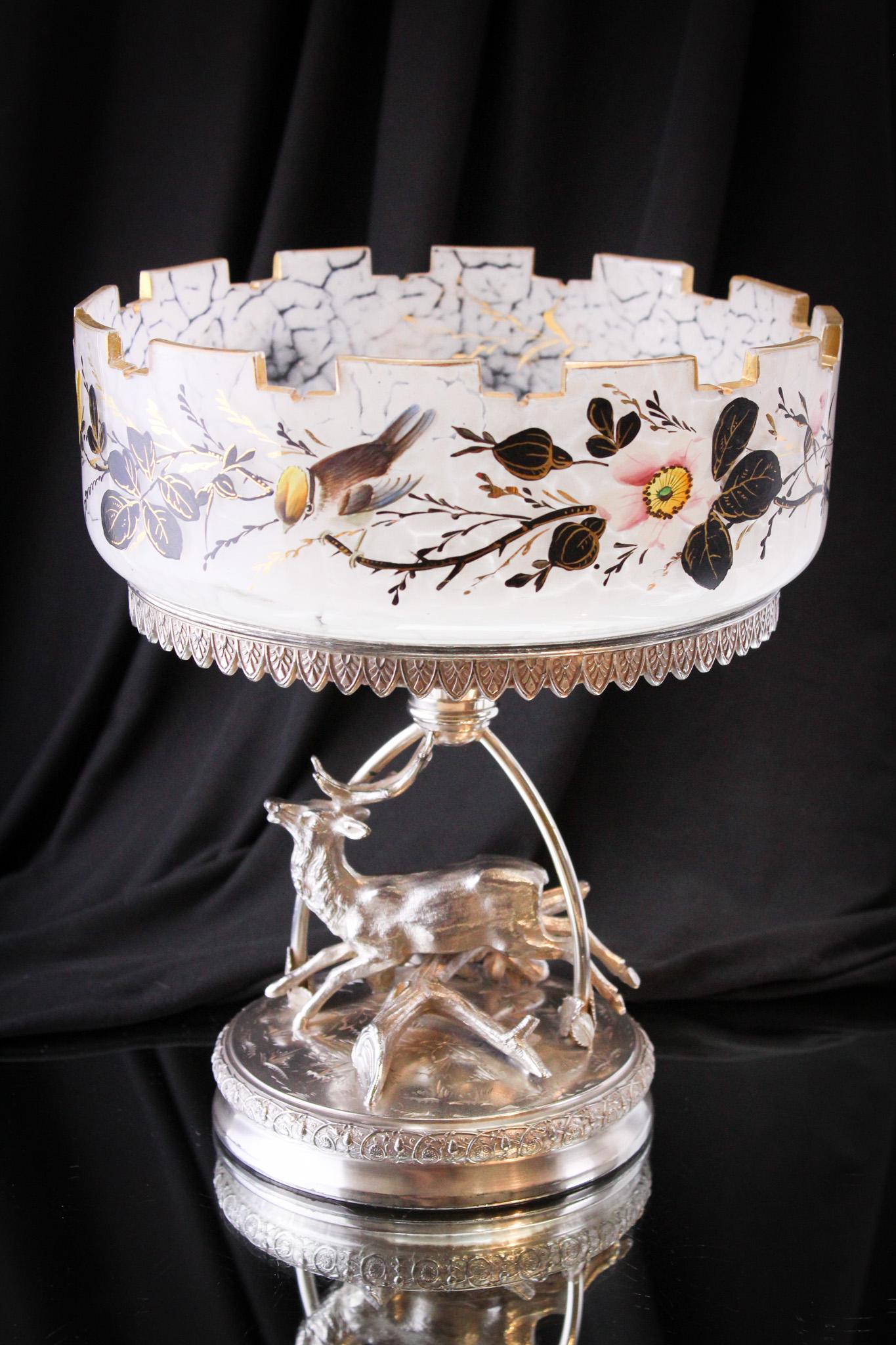 Middletown Silverplate Figural Stag Victorian Brides Bowl Centerpiece: Over-the-top amazing Victorian signed Middletown silverplate figural stag holder complete with original spatter glass enameled brides bowl. One of the best! Highlighted with gold, it measures 10 1/4" 