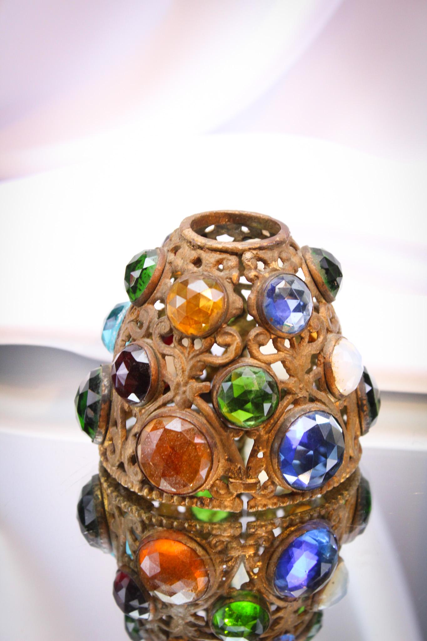 Victorian Jeweled Fairy Lamp Shade: Charming little Jeweled Victorian Brass fairy lamp shade only. Great assortment of colors in the jewels. It measures a whopping 3" tall.