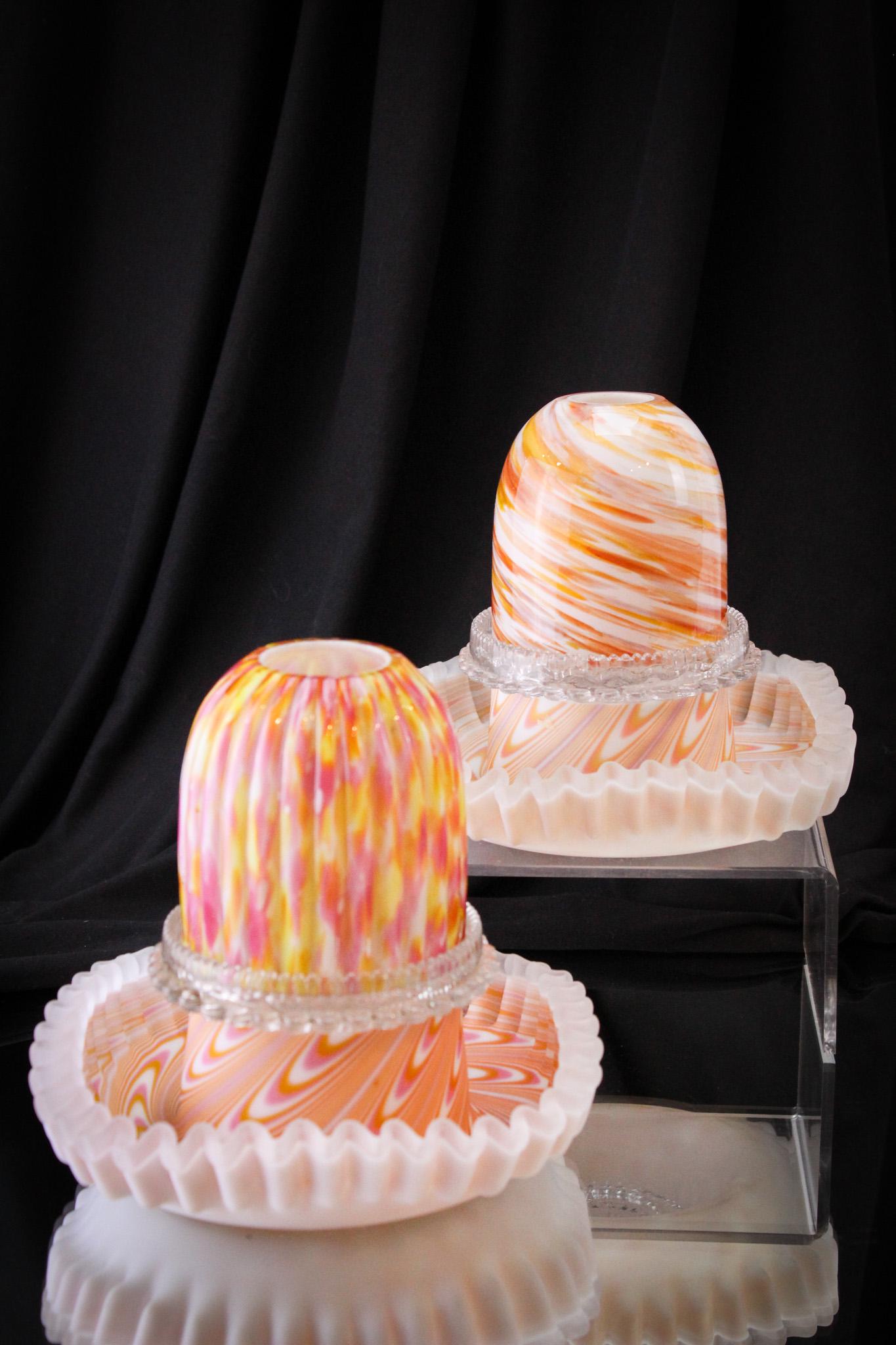 2 pc Lot Victorian Pull Up Art Glass Fairy Lamps: Nice pairing of two Victorian pull up art glass fairy lamps and matching original shades. Each is color coordinated to each base. Fine examples.