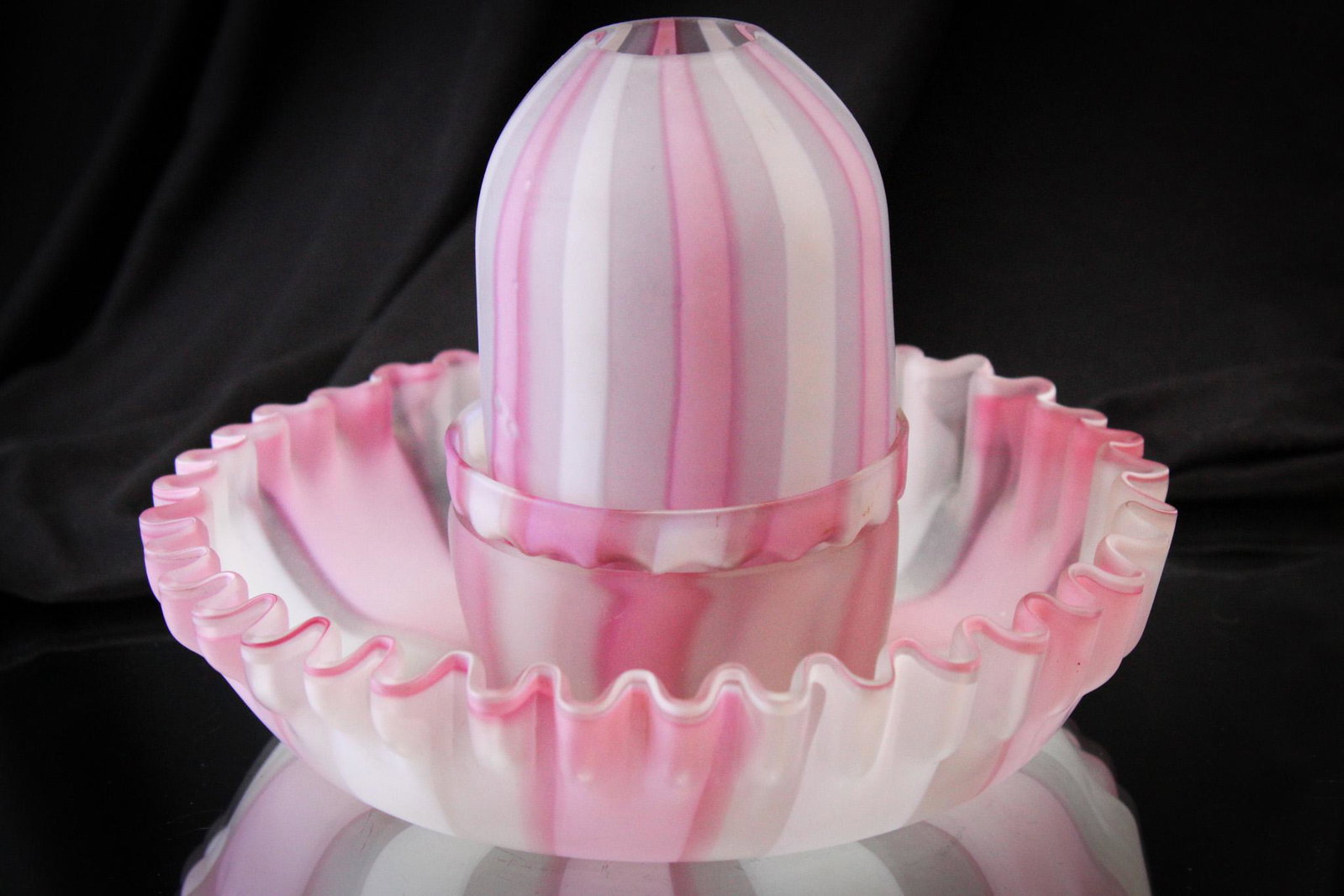 Scarce Pink & White Ribbon Stripe 3 pc Victorian Glass Fairy Lamp: Gorgeous cotton candy pink and white ribbon stripe Victorian three part fairy lamp. Lamp in ribbin stripe glass has matching shade, candle cup, and base. Lovely! It measures 5 3/4" tall.