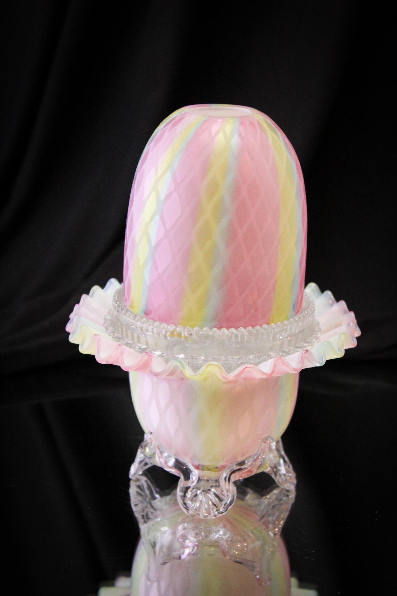 Exceptionally Rare Rainbow Mother of Pearl Glass Signed Clarke's Fairy Lamp: Well now. The moment has arrived. Look at this utterly phenomenal piece of art glass! Gorgeous three-color rainbow mother of pearl diamond quilt satin glass fairy lamp. All three pieces are signed: Sh