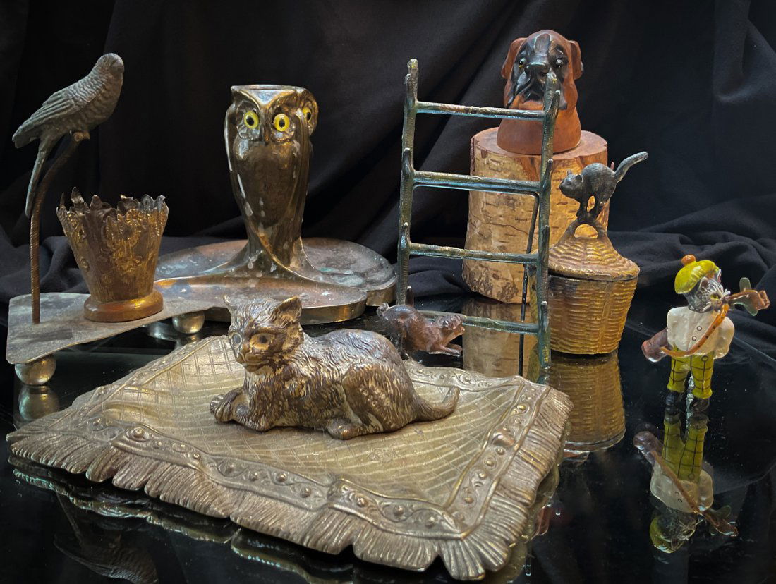 6 pc Lot Antique Bronze & More Collectibles Inkwell Toothpick Pen Holder: Six-piece lot of wonderful goodness comprised of a cold painted bronze golfer figurine, a bronze cold painted cat in basket trinket box, carved wood figural pooch inkwell, silverplate parrot toothpick