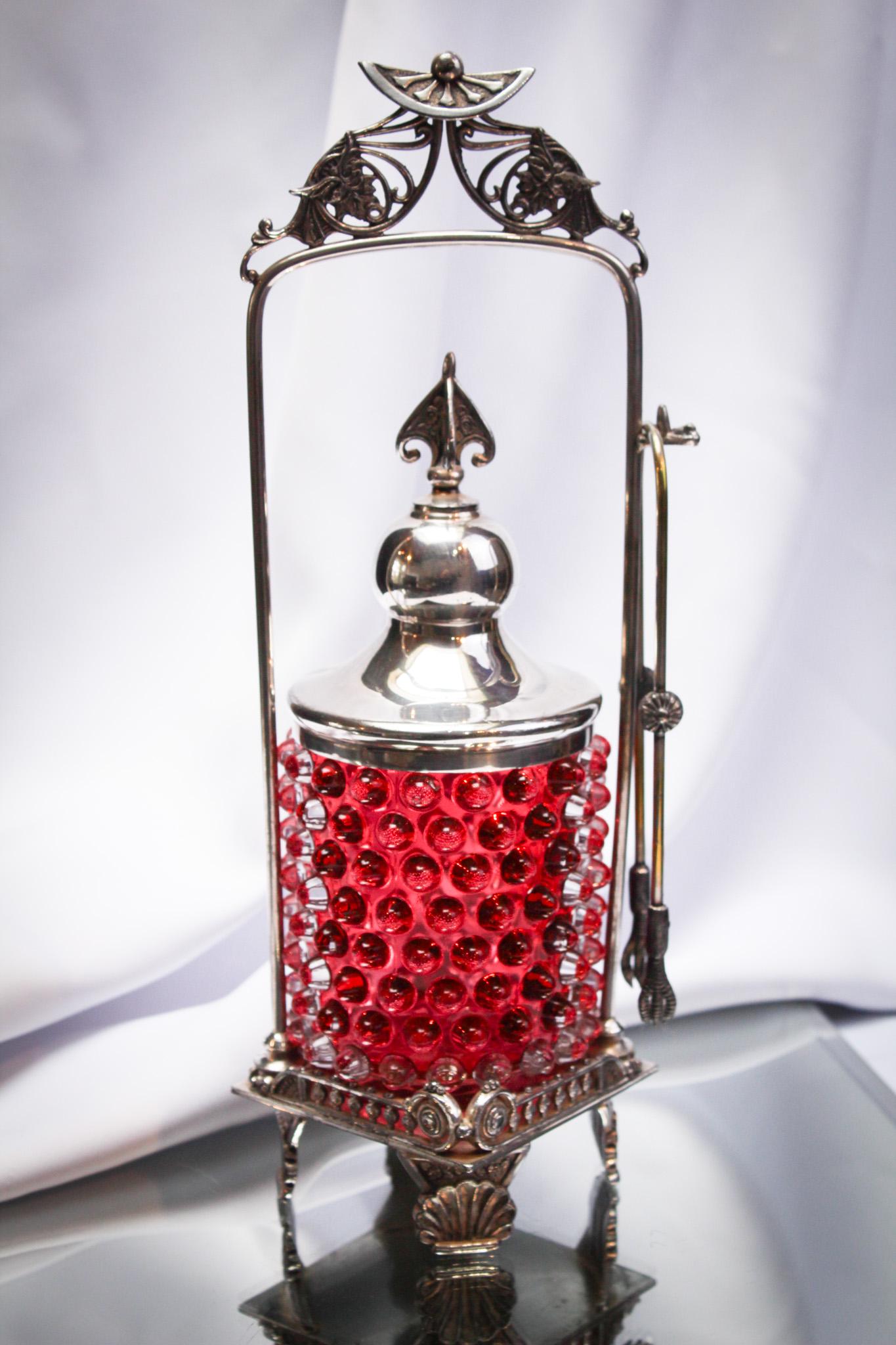 Hobb's Rockford Silverplate Cranberry Hobnail Victorian Pickle castor: Gorgeous and most unusual all-original Victorian pickle castor. Frame is signed rockford silverplate. Insert is cranberry Hobb's Hobnail. It stands a proud 13" tall.