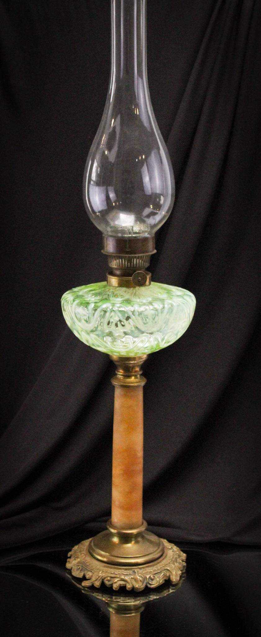 Vaseline Opalescent Ongonquat Lace Victorian Oil Lamp: Fabulous and so pretty is this Ongonquat Lace pattern Victorian English banquet oil lamp. Striking piece measures a full 14" tall of pure vaseline Heaven.