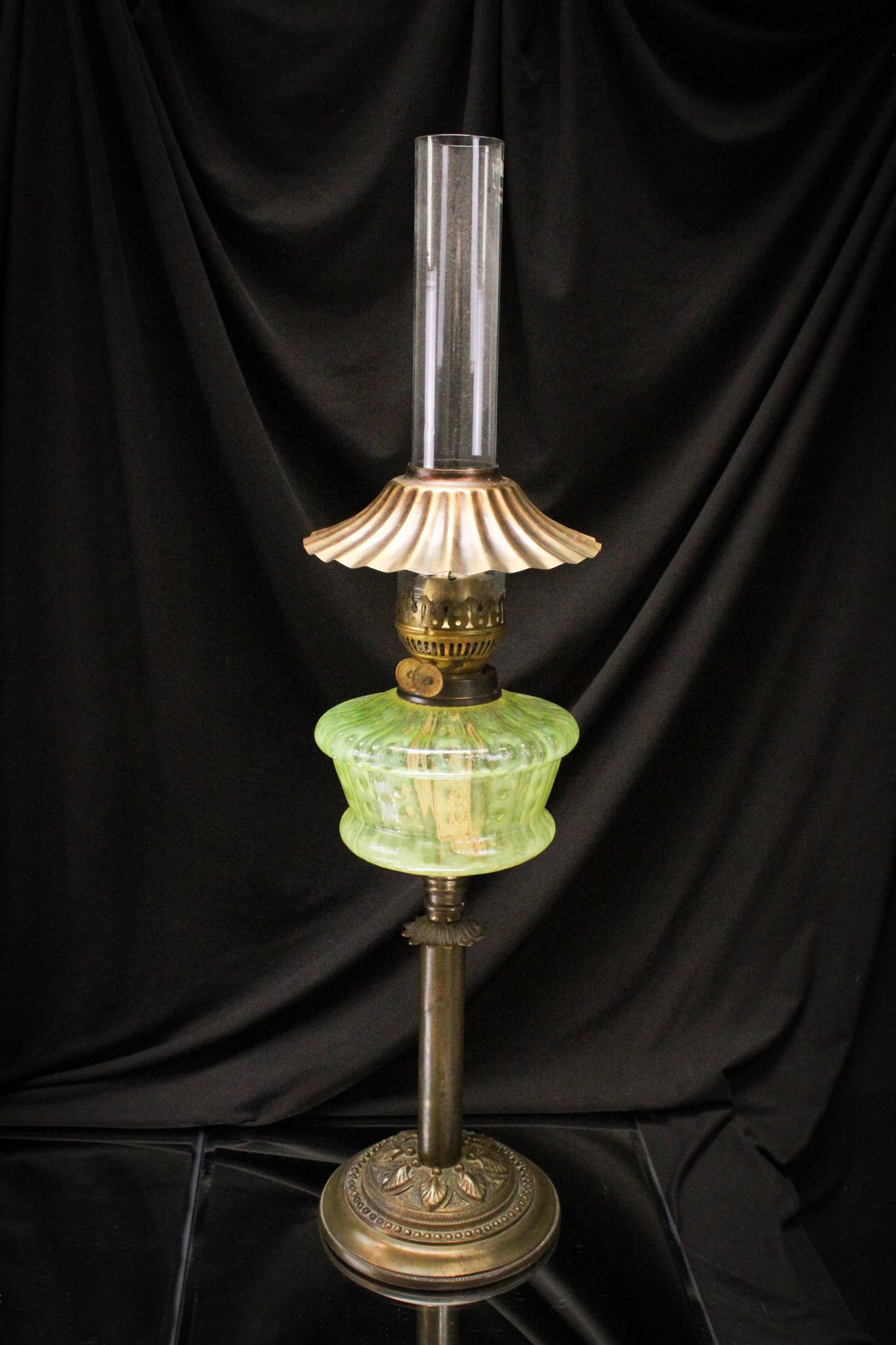 Vaseline Opalescent Mitre & Dot Victorian Englsih Oil Lamp: Super example of an English vaseline opalescent oil banquet lamp complete with chimney and fittings. Pattern is in mitre & dot pattern. Measures a staggering 17" tall.