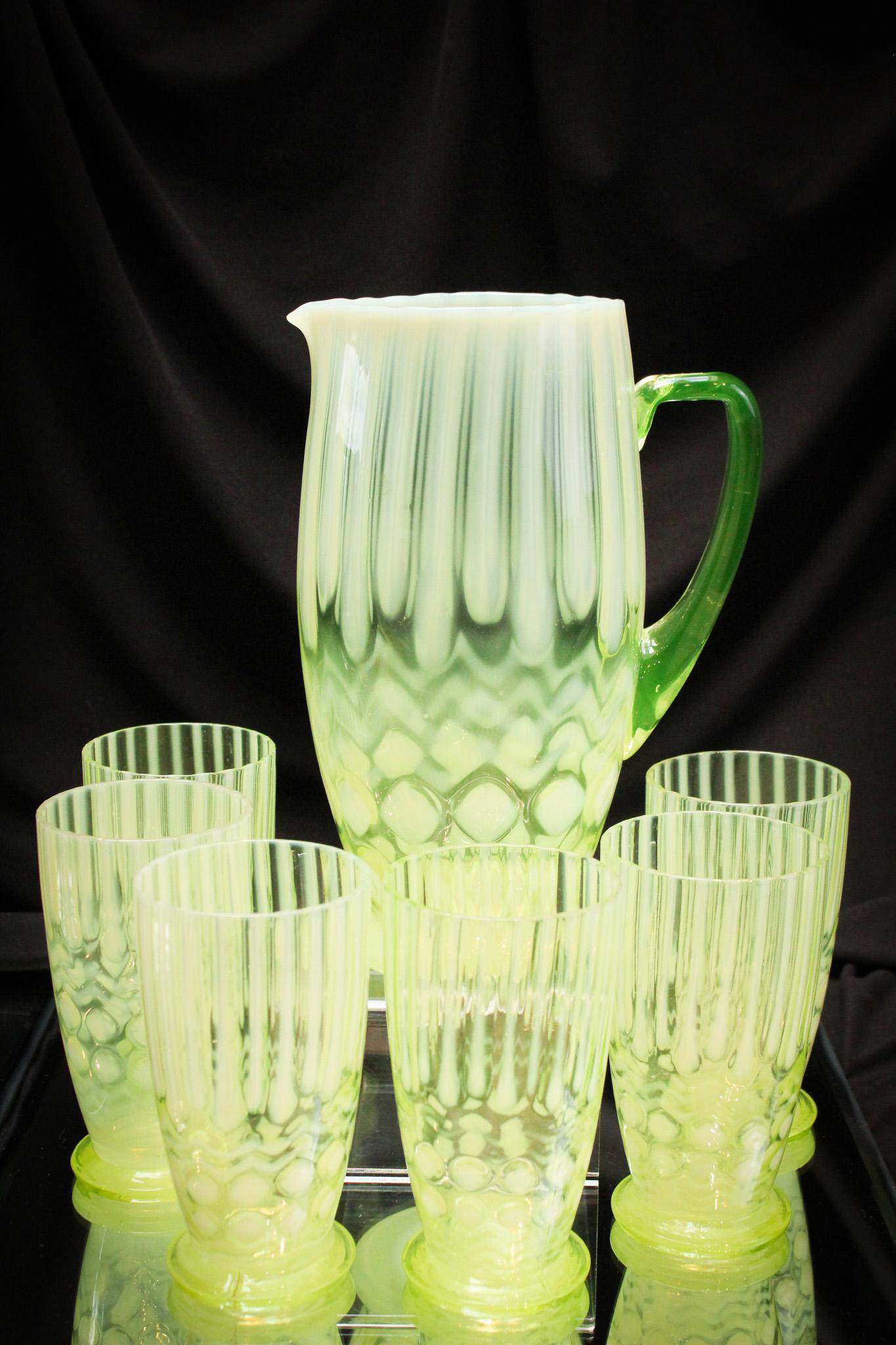 Rare Vaseline Opalescent Diamond Wave 7 pc water Set: Here's a rare set, folks. And oh, so pretty! It is a complete 7-piece water set in vaseline opalescent Diamond Wave pattern. Boy does this phenomenal set light up under black light. Amazing!