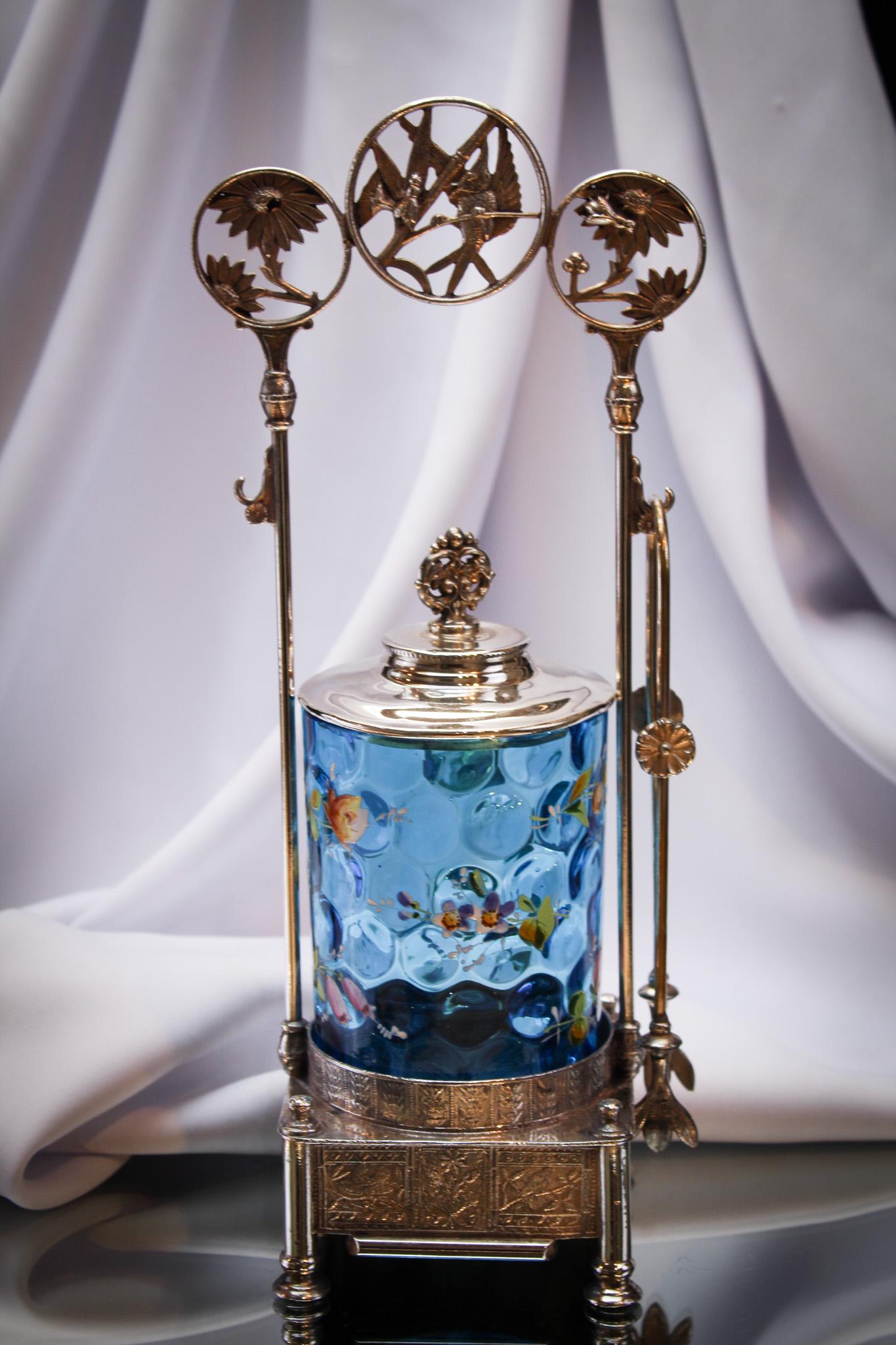 Pairpoint Victorian Silverplate Blue Enameled Pickle Castor: We have some of the finest pickle castors available in this auction. This one is just that: Gorgeous and so perfect in every way. It measures 12 3/4" tall. Decorated with florals, birds, and bees. Nic