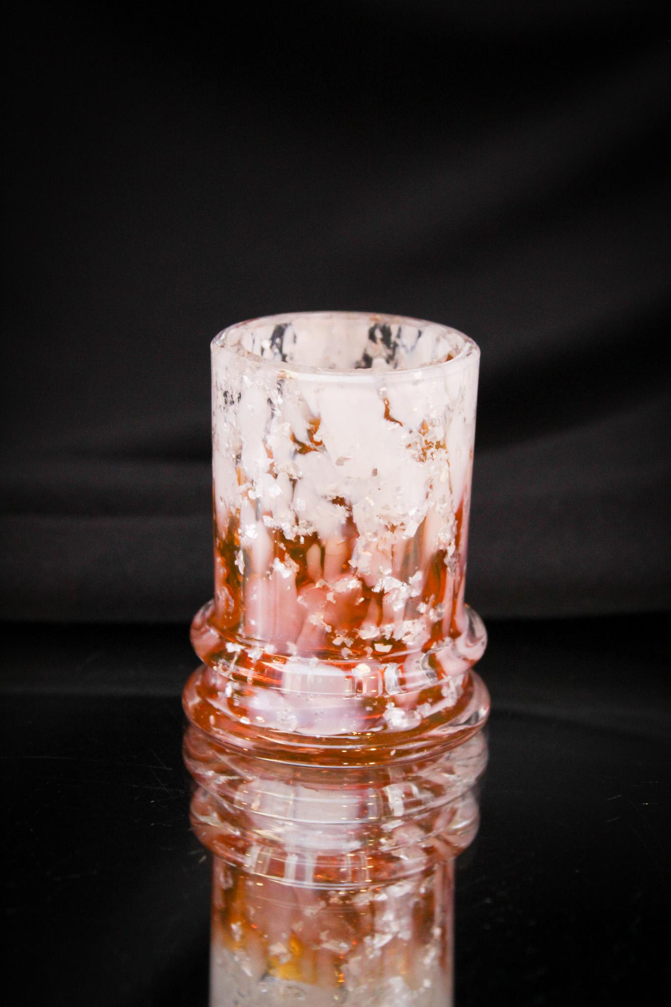 Rare Phoenix Ring Base Orange Spatter w/ Mica Toothpick Holder: Gorgeous apricot orange shaded ring base with white spatter and mica inclusions Victorian toothpick holder. Piece is attributed to Phoenix glass. It measures 2 1/4" tall.