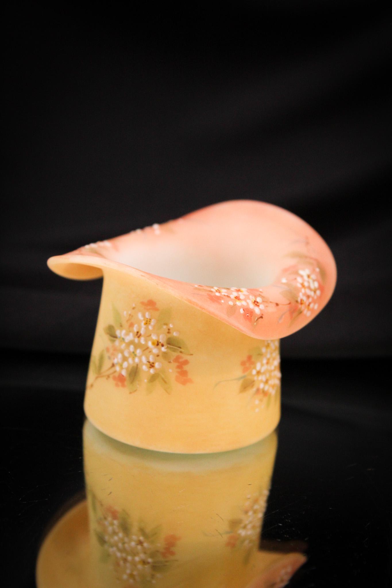 Mt. Washington Hat Burmese Decorated Victorian Toothpick Holder: So nice. Well, it is. A Mt. Washington Victorian toothpick holder in lusterless glass with pseudo burmese coloring and floral decoration in the hat form. Measures 2" tall.