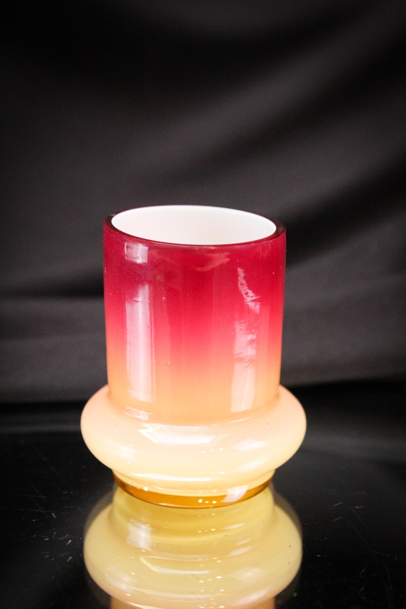 Wheeling Peachblow Victorian Toothpick Holder: Great coloring makes this a stand out piece of Victorian Wheeling peachblow glass. Nice gradiated coloring in the warmest of fuzziness hues. It stands 2 1/2" tall.