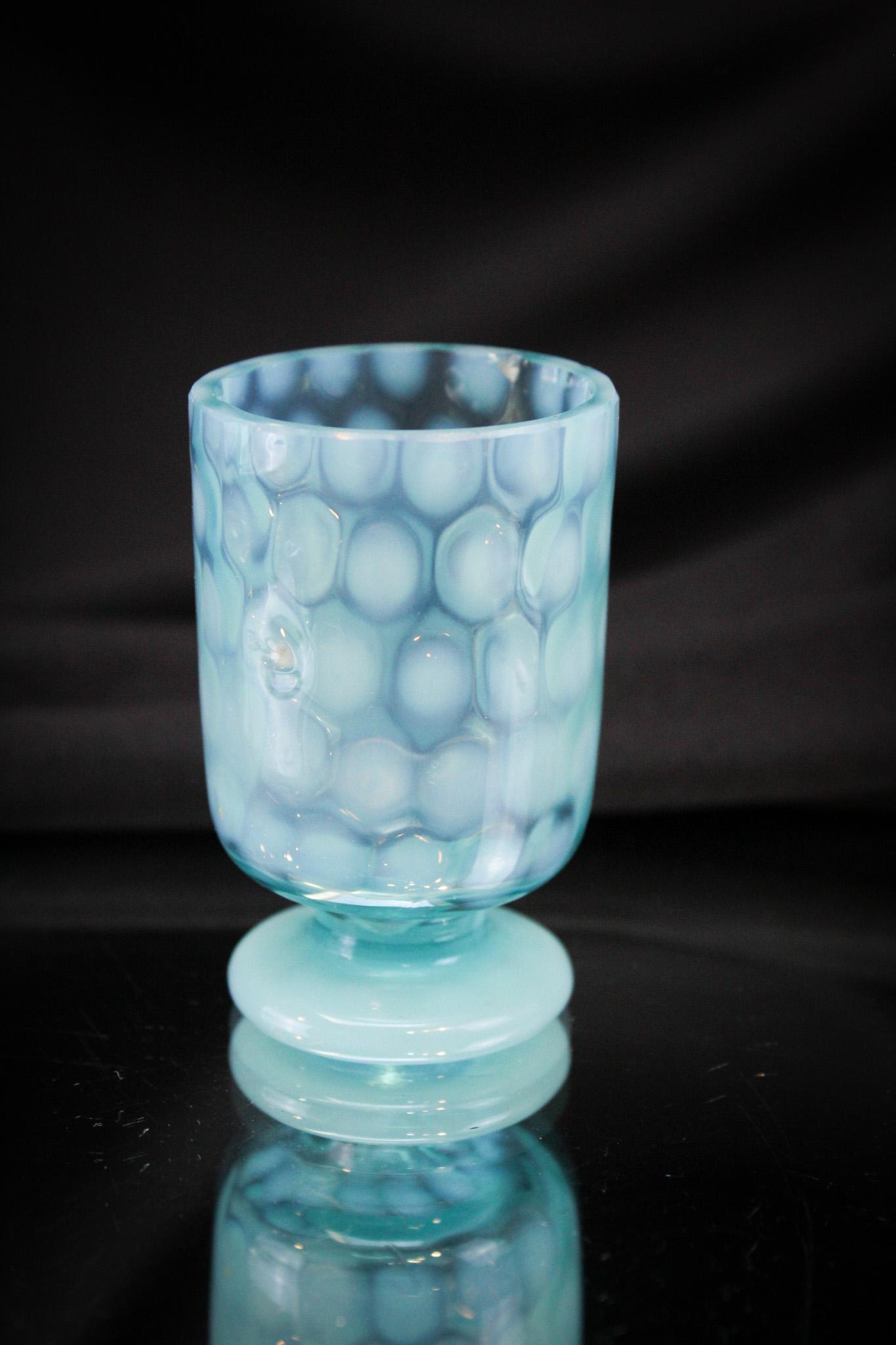 Scarce Blue Opalescent Coinspot Victorian Toothpick Holder: Great classic pedestal form blue opalescent Coinspot pattern Victorian toothpick holder. Nice example and so seldom seen. It measures 2 1/2" tall.