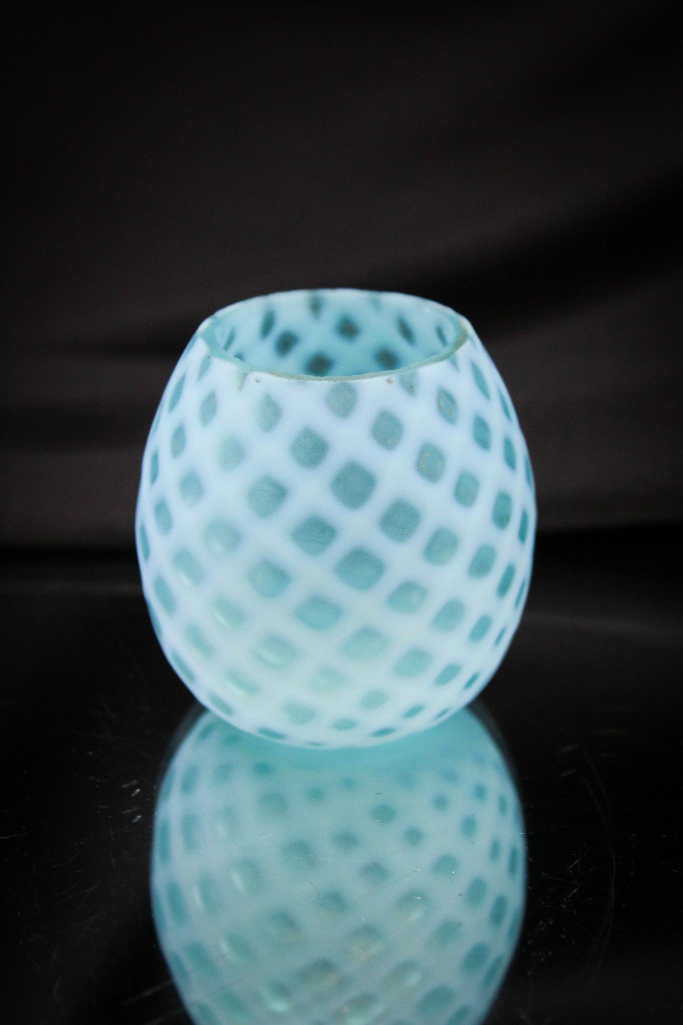 Blue Opalescent Bubble Lattice Satin Toothpick Holder: Great tough-to-find Victorian toothpick holder in the Bubble Lattice pattern in blue opalescent satin. This Lovely has great, strong color and has a silky smooth velevety-rich finish. It stands 2" tal