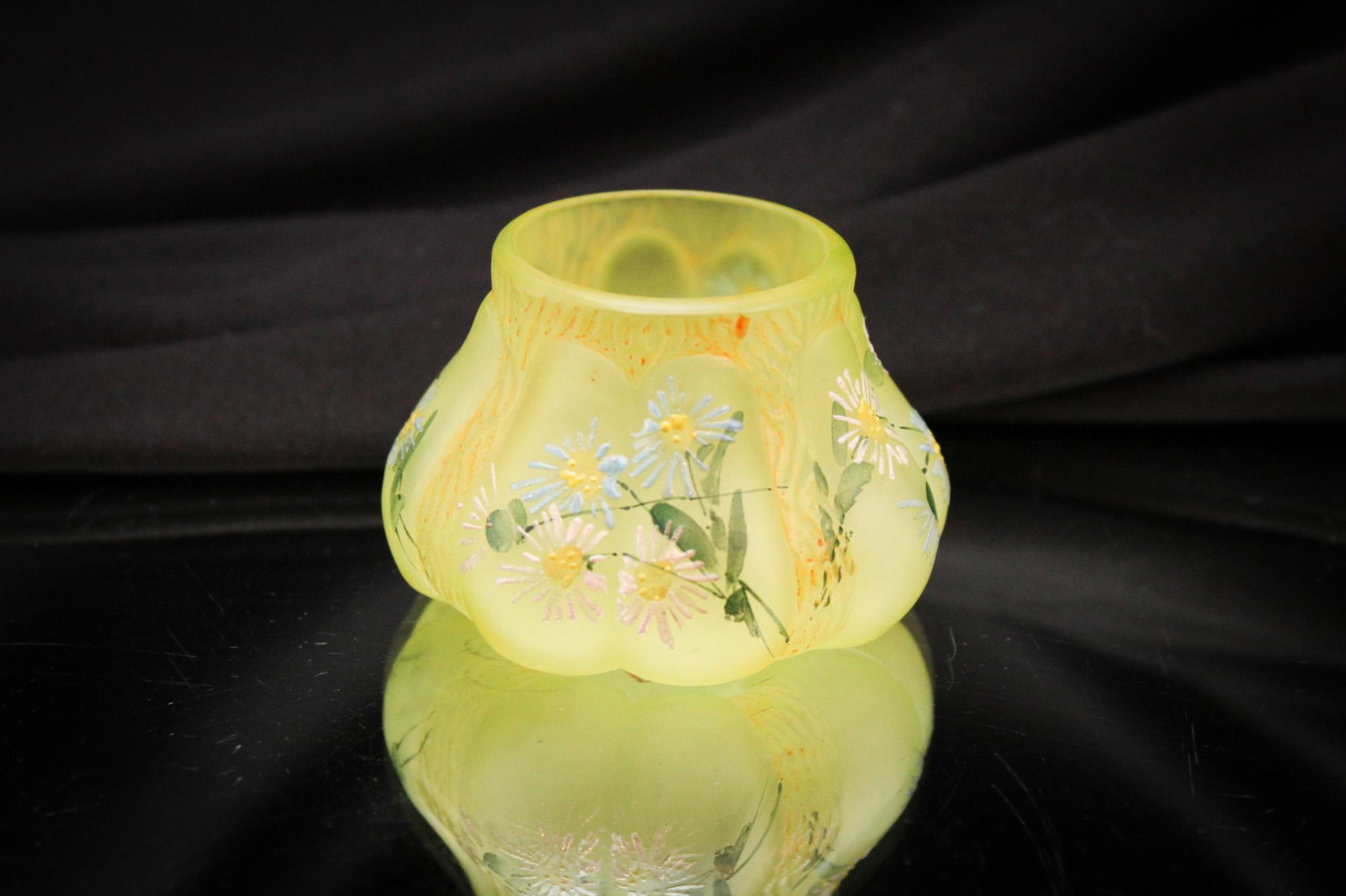 Mt. Washington Vaseline Fig Mold Daisy Toothpick Holder: Beautiful vaseline satin glass Mt. Washington daisy decorated Victorian toothpick holder. Museum example. It measures 1 3/4" tall.