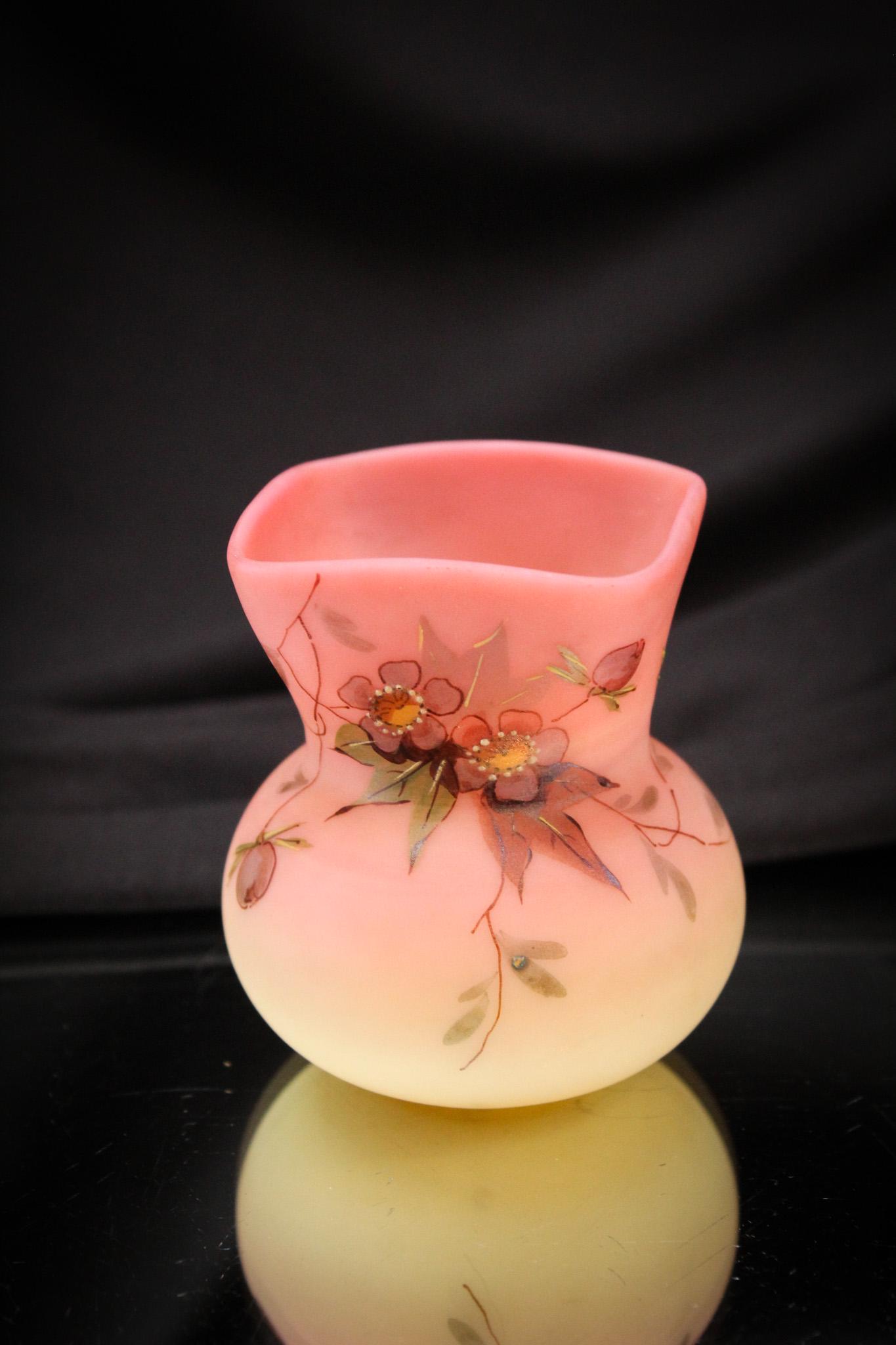 Webb Burmese Decorated Victorian Glass Toothpick Holder: Great example of a floral decorated Webb Burmese toothpick holder. Toothpick holder has square top rim. It stands 2 3/4" tall.