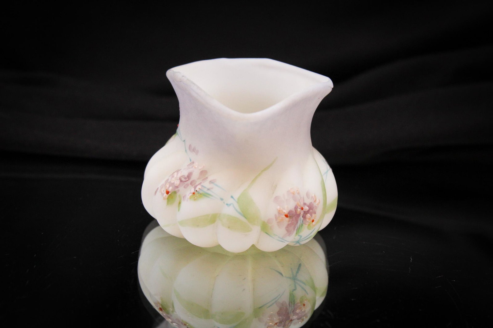 Mt. Washington Swirl Mold Victorian Toothpick Holder: Blue shading compliments this Mt. Washington Victorian toothpick holder along with delicate florals. How nice? It measures 1 3/4" tall.