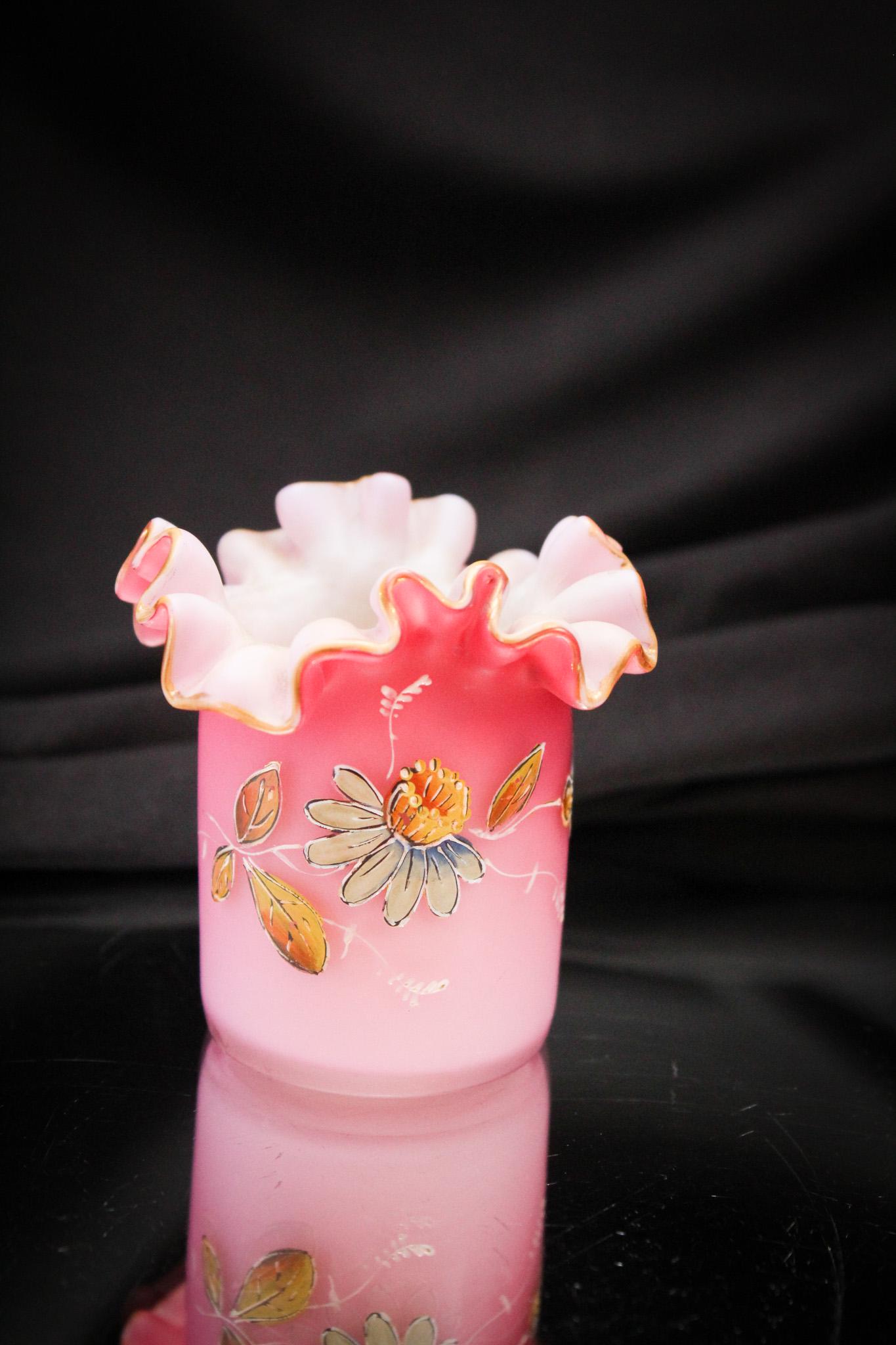 Victorian Pink Satin Ruffled Top Toothpick Holder: Victorian at its finest. Measures 2 1/2" tall.