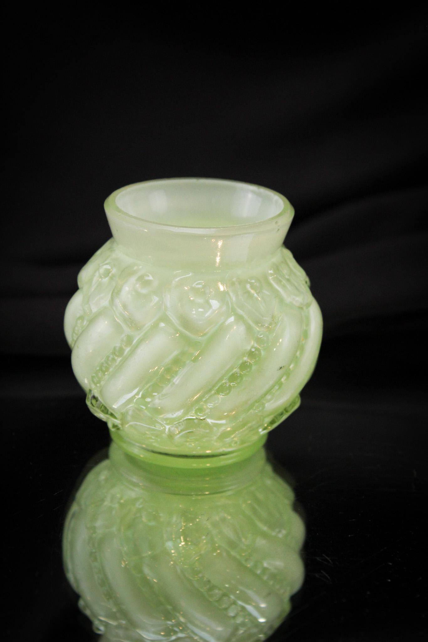 Scarce Northwood Green Cased Swirl & Leaf Victorian Toothpick Holder: It is always a pleasant find when you come across one of these toothpicks. It is especially so when it is as nice as this one. Full rim and measures 2 1/4" tall.