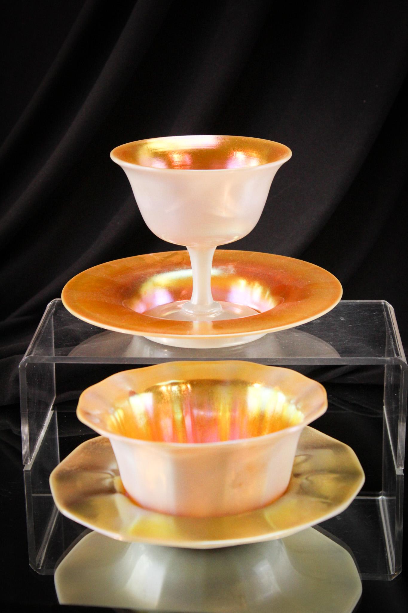 4 pc Steuben Gold Aurene Calcite Finger Bowl Sherbert & Underplates: Select offering of a finger bowl and underplate and a sherbert and underplate in gold aurene on calcite. Tallest measures 4".