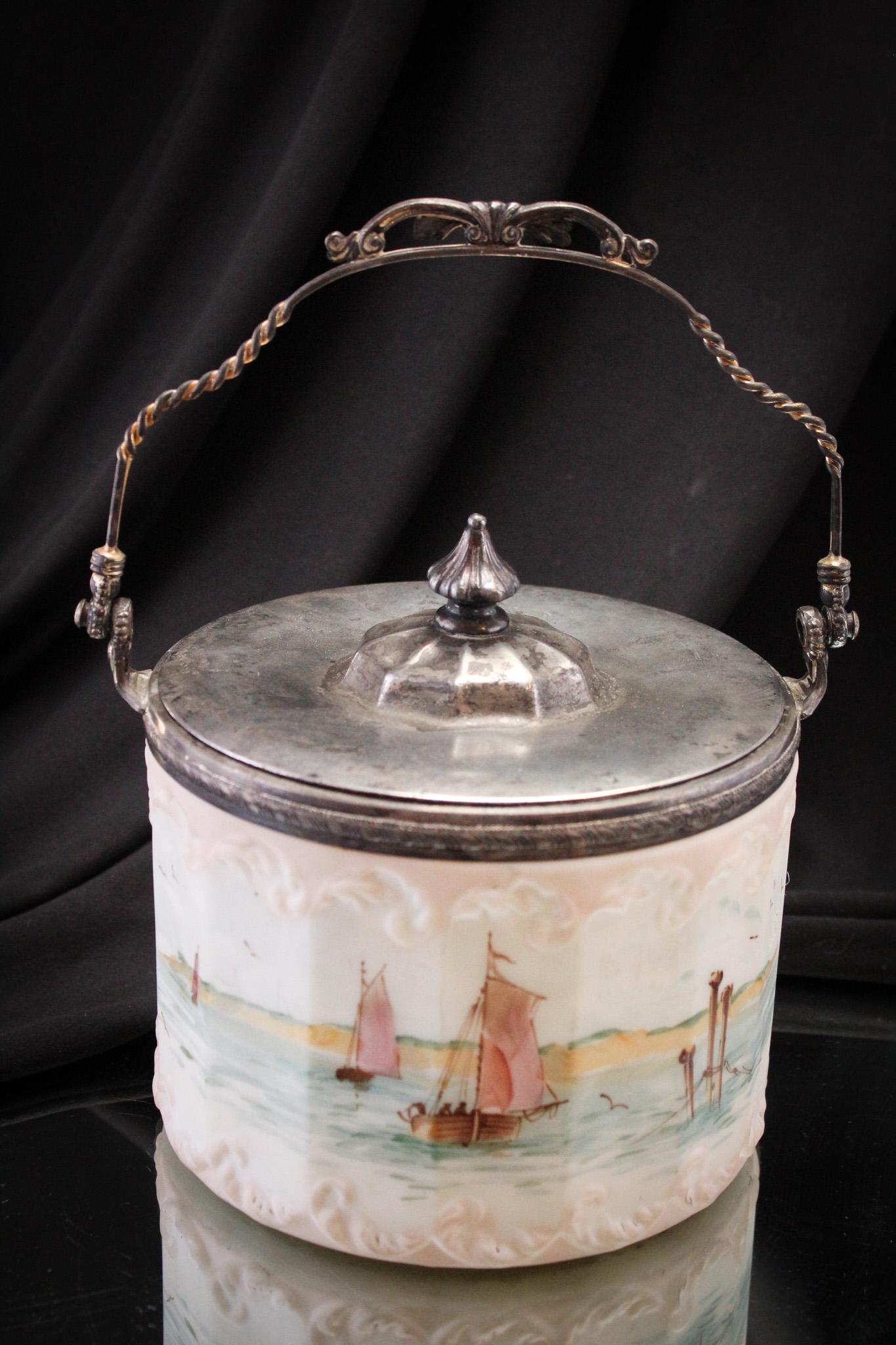 Pairpoint Victorian Glass & Silverplate Bisquit Jar: Pretty Pairpoint glass & silverplate Victorian biscuit jar with sailboat scenic decoration. Great example. Measures 6" tall.