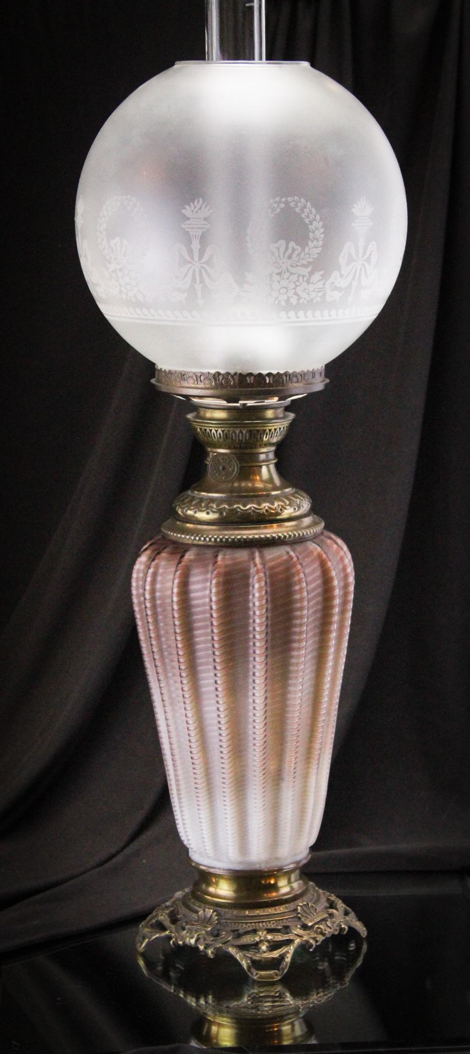 Rare Chocolate Stevens & Williams Zipper Mother of Pearl Victorian Oil Lamp: Incredbily rare Victorian Stevens & Williams Zipper pattern Mother of Pearl glass in chocolate oil lamp. Rich chocolate brown color and raised pronounced ribs make this all the more striking. Lamp is 