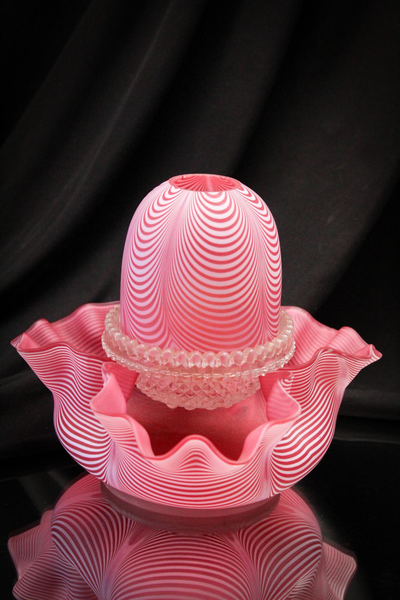 Cranberry Nailsea Victorian Glass Fairy Lamp: Great example of a cranberry nailsea Victorian fairy lamp complete with signed candle cup and insert. Lamp measures 6 1/2" tall.
