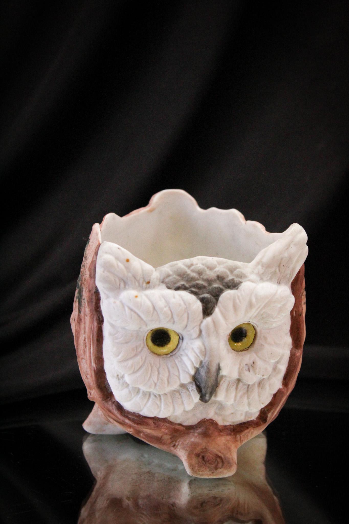 Victorian Bisque Owl Fairy Lamp: So charming is this Victorian bisque owl fairy lamp. Complete with glass eyes, he measures 5" tall.