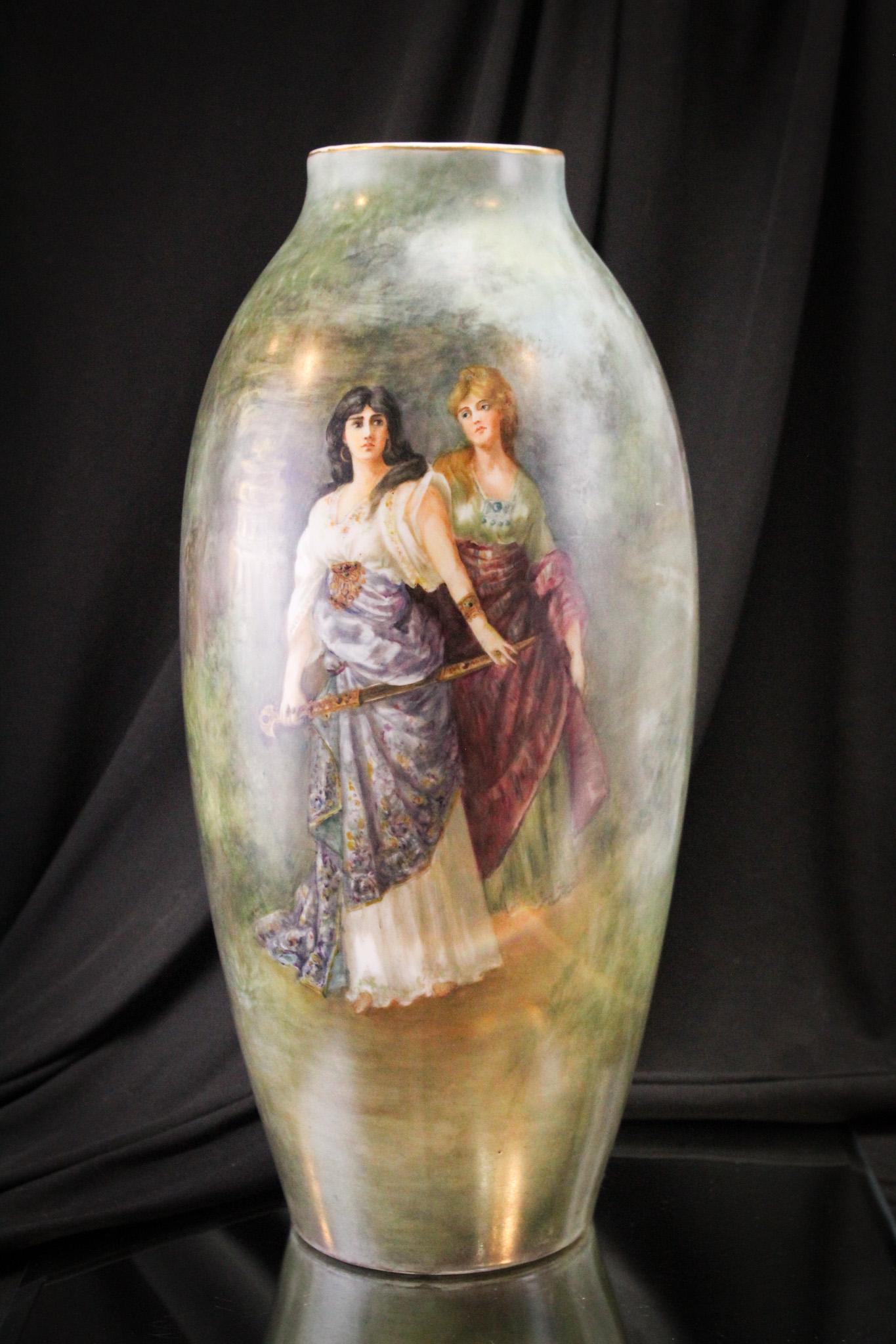 Limoges hand Painted Porcelain Madamoiselle La Maupin 16" Vase: Fabulous artist signed by the initials E.S.M. hand painted Limoges France 16" tall vase. Boy, does this gal have a story behind her. Quite the interesting life she led. This fabulous vase stands a who