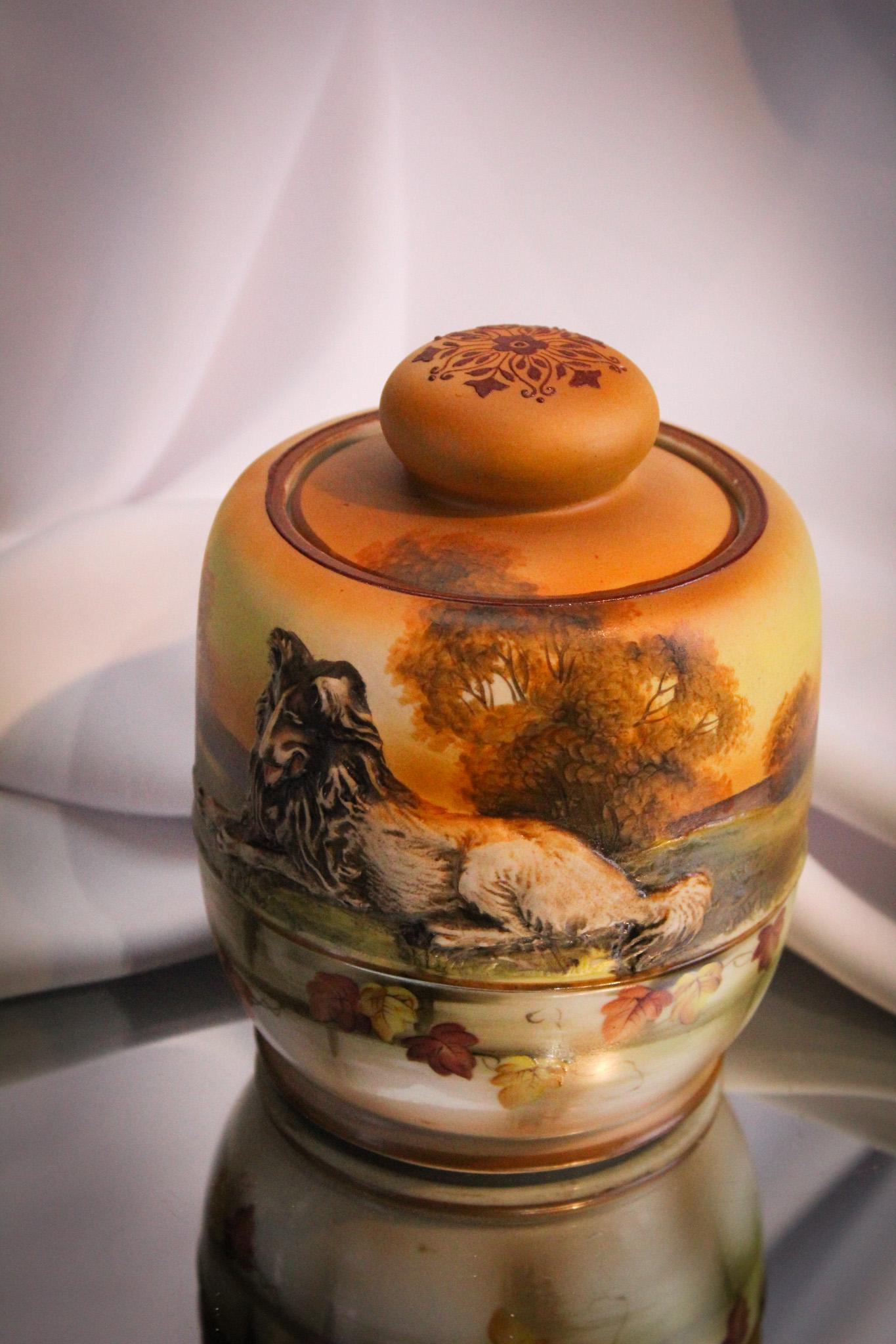 Nippon Green Mark in Relief Collie Humidor: Wonderful signed green mark relief Collie decorated Humidor. Exquisite decoration. Measures 6" tall.
