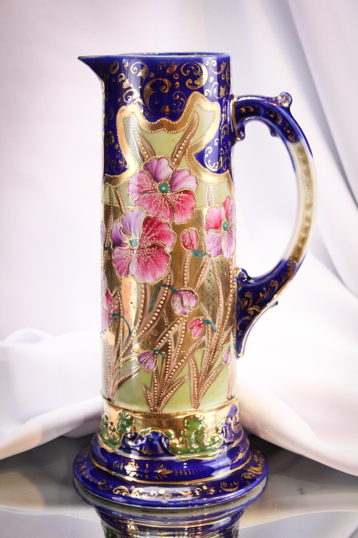 Nippon Gold & Pansies Hand Painted 12" Pitcher: Killer example of an unsigned piece of Nippon. This great tankard pitcher measures 12" tall and is profusely decorated with gold and pansy flowers. Nice!