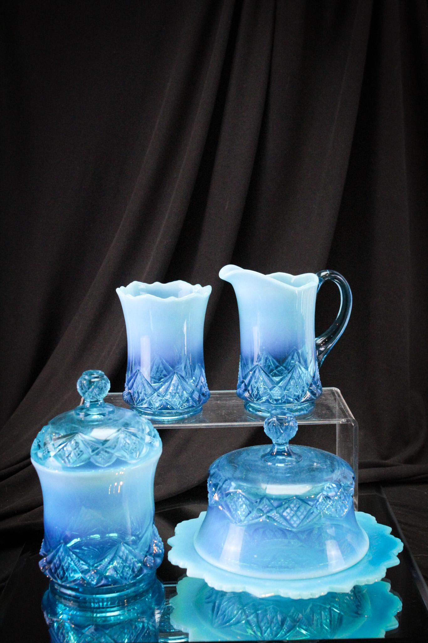 Northwood National Blue Opalescent Diamond Spearhead 4pc Table Set: Killer color and opal on this great offering of Victorian opalescent glass. Complete four piece table set. Very nice. Very, very nice! Measures 6 3/4" tall.