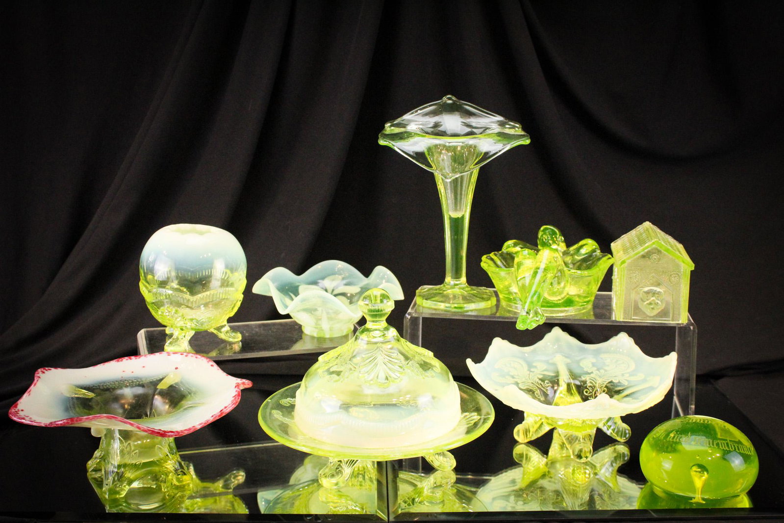 9 pc Lot Vaseline Glass Model Flint & More: Select offering of nine wonderful pieces of vaseline Victorian glass for all of you Vasies out there! So nice it must bring a smile to your face! Tallest measures 7".