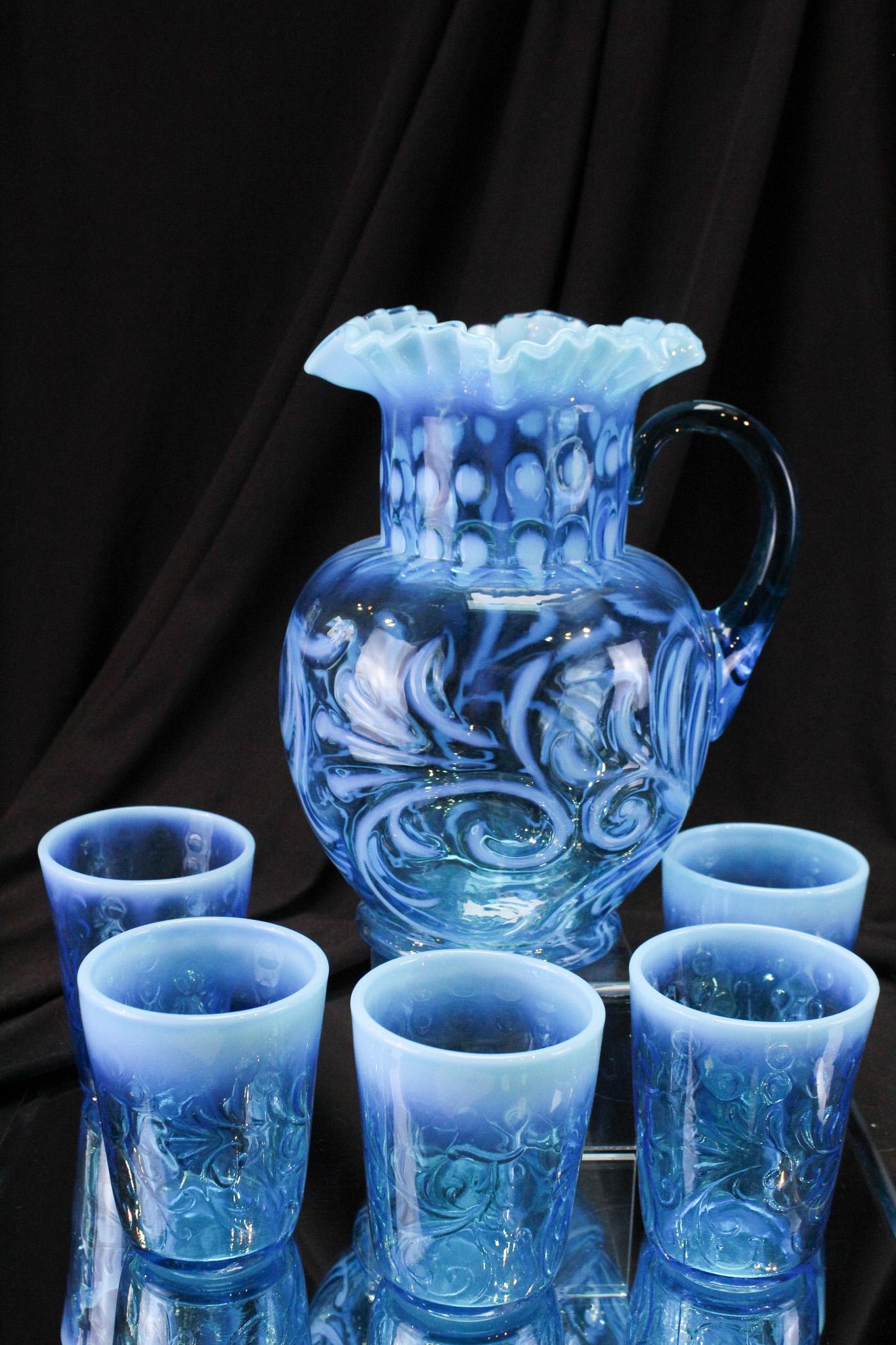 Blue Opalescent Buttons & Braids 6pc Water set: Ooh, the color is nice on this set! Great well-matched set of the ever popular Buttons & Braids pattern. Pitcher is complete with 5 tumblers. Tallest measures 9 1/2".