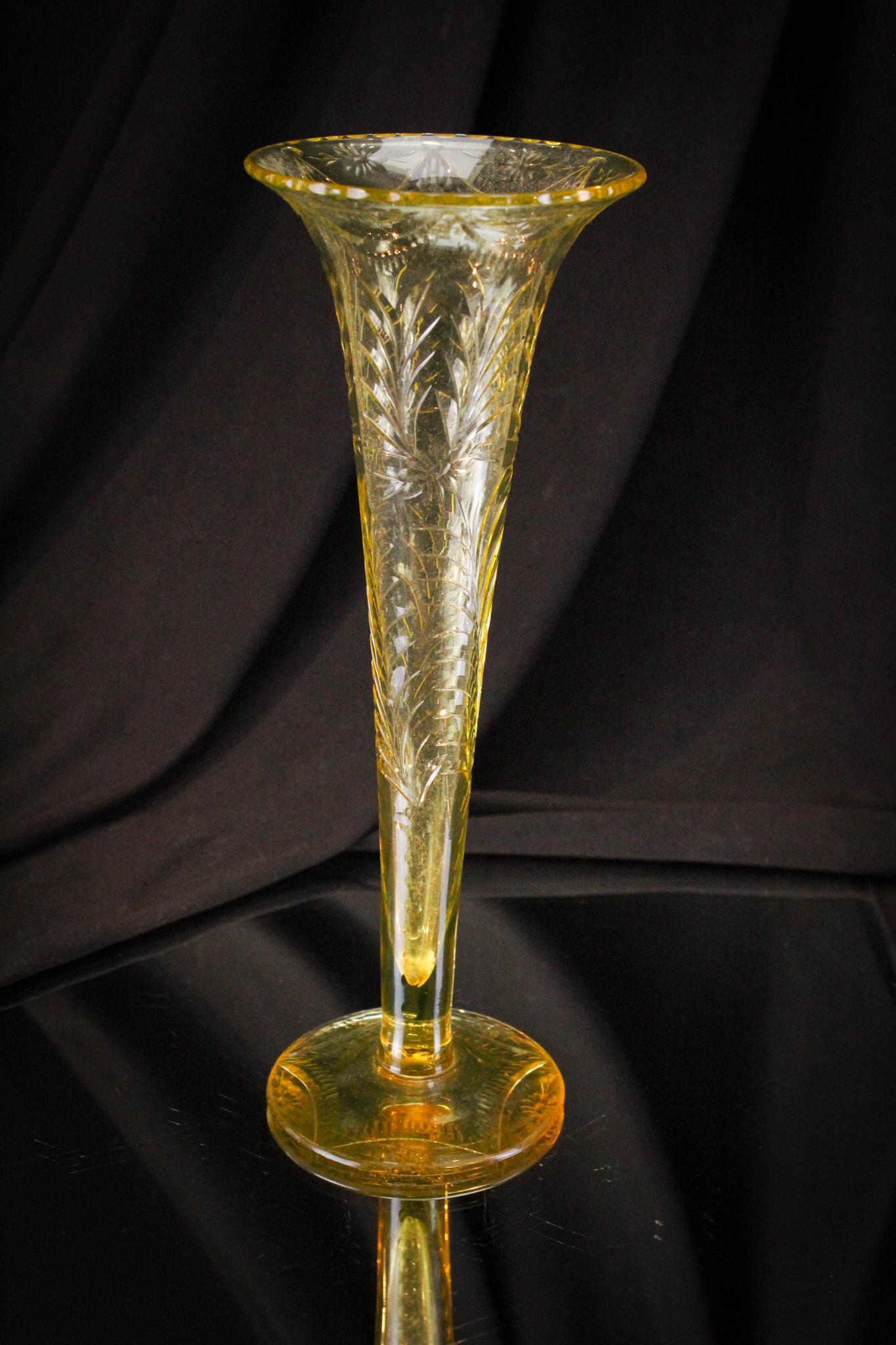 Pairpoint Glass Yellow Engraved Glass 10" Vase: Fine piece of engraved glass measuring 10" tall. Great cutting. Attributed to Pairpoint.