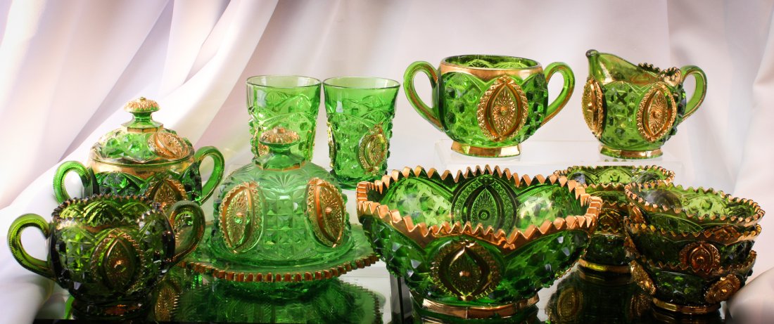 14 pc Lot Northwood Memphis Pattern Glass: Hand selected by none other than Mother Magnum herself. This Mega Magnum Auctions lot is comprised of Northwood Memphis pattern glass. A complete 4 piece table set, a seven piece berry set, two tumble