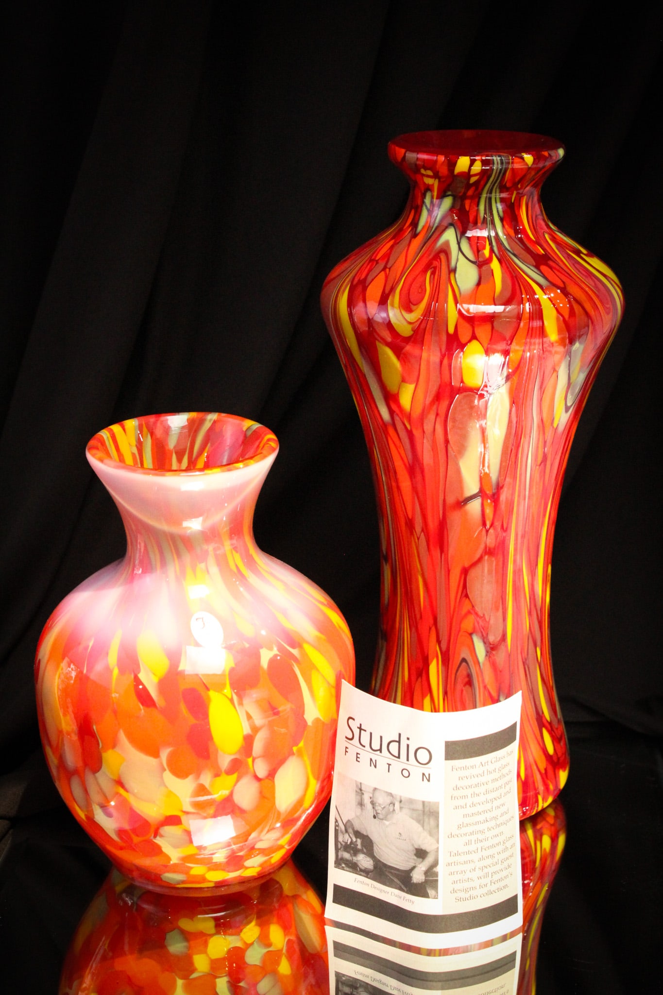 2 pc Lot Fenton Glass by Dave Fetty: Select offering of two pieces of Fenton glass by Dave Fetty. One Myriad Mist signed #390/750. The other Mosaic Swirl, #327/750.