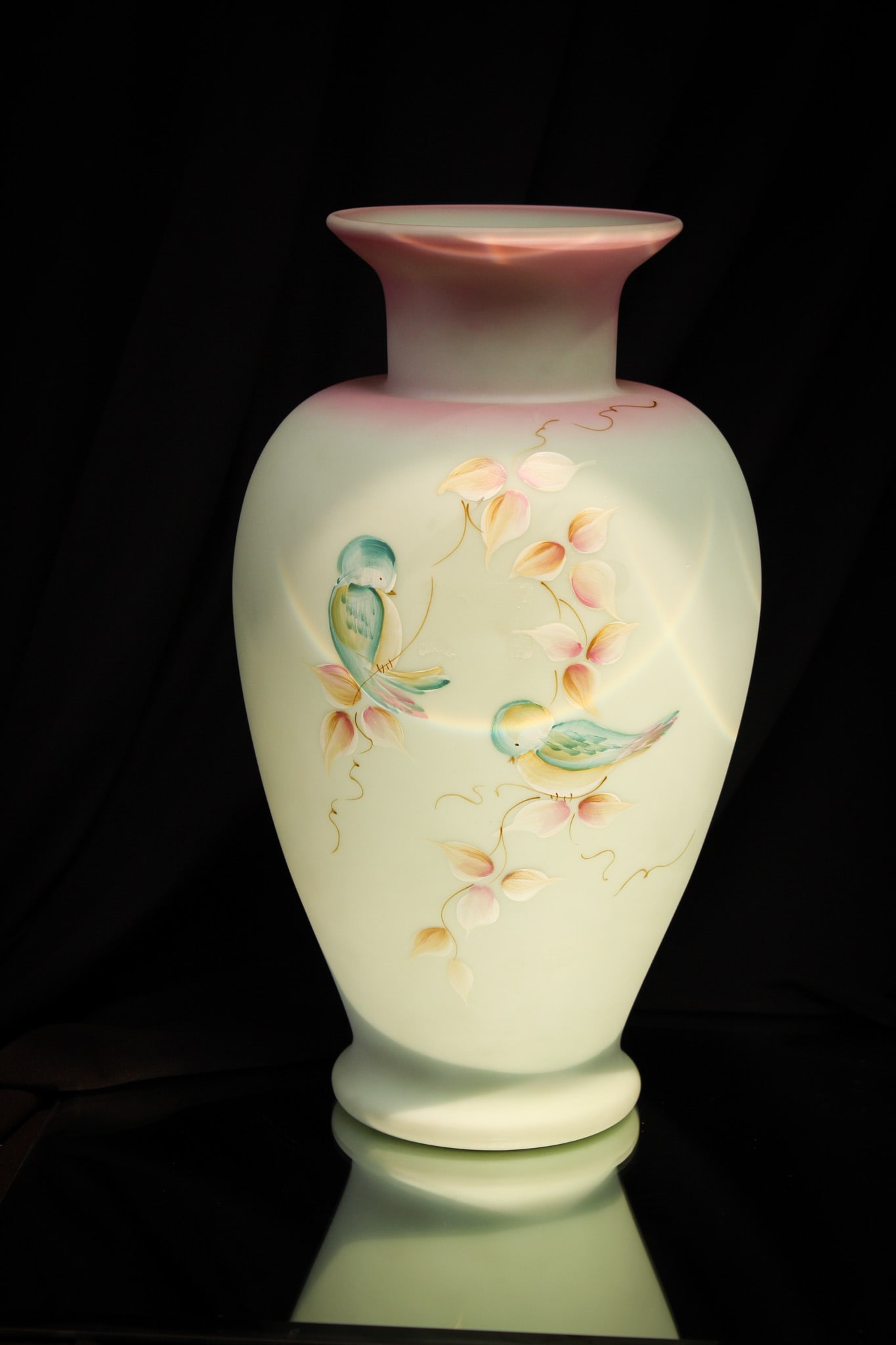 Rare Fenton Lotus Mist Burmese Glass Swallows Vase: Beautiful and rare Fenton Lotus Mist Burmese Swallows decorated vase by Kim Barley. Limited edition numbered 9/20.
