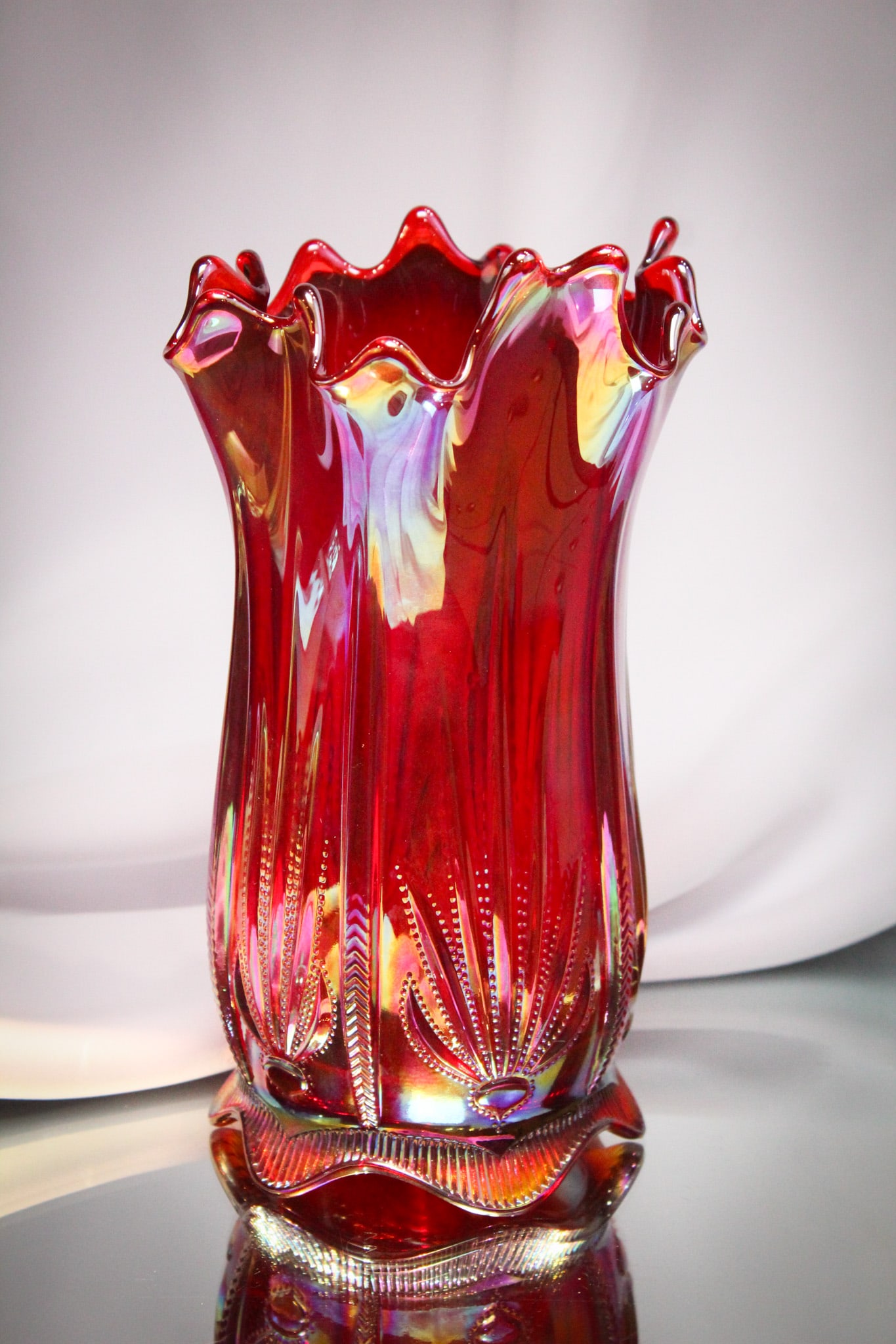 Fenton Glass for Levay Red Carnival Swung Vase: Gorgeous Fenton for Levay red carnival glass swung "Cactus" pattern whimsy.
